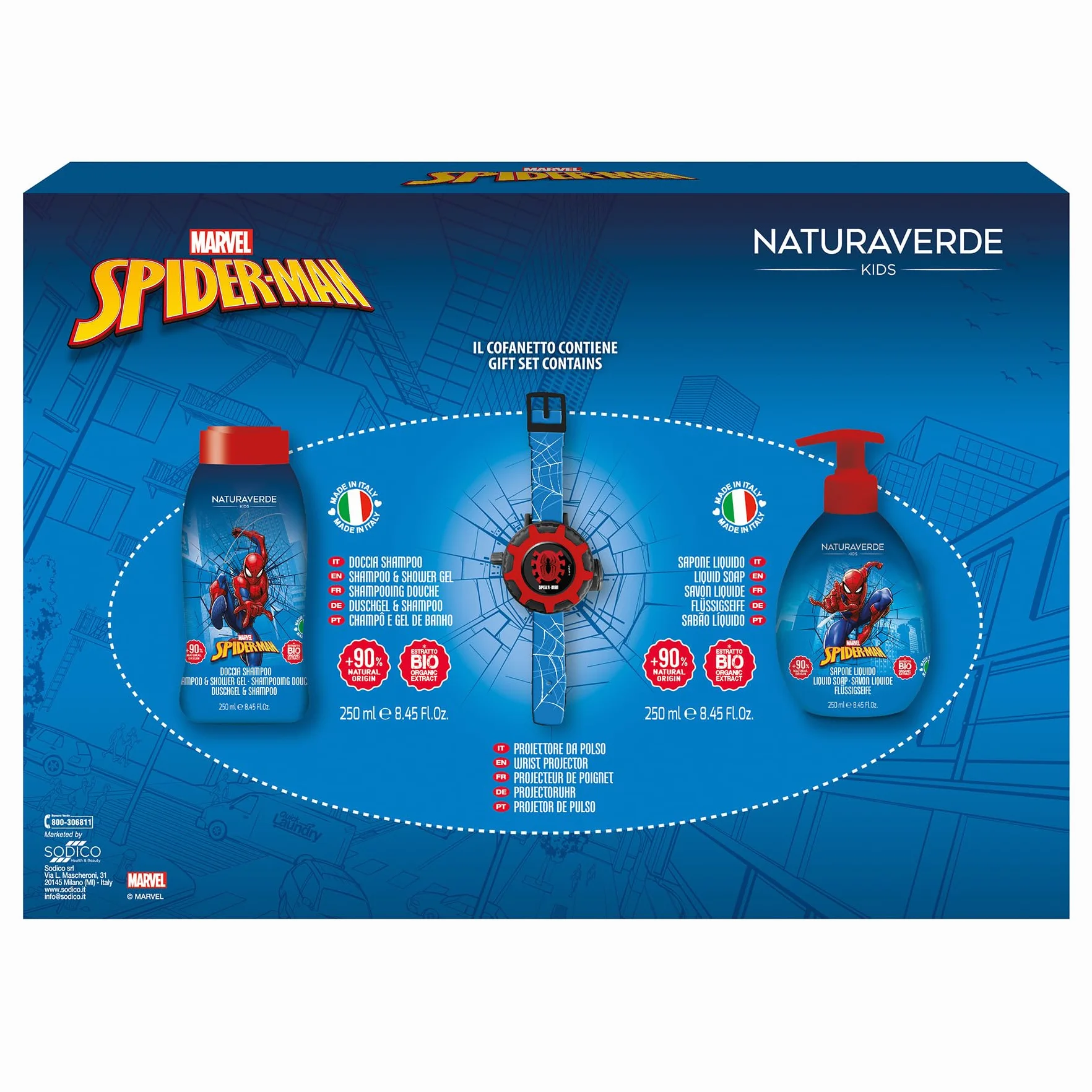 Naturaverde Spiderman Gift Set szampon pod prysznic 250 ml, mydło w płynie 250 ml i zegarek na rękę