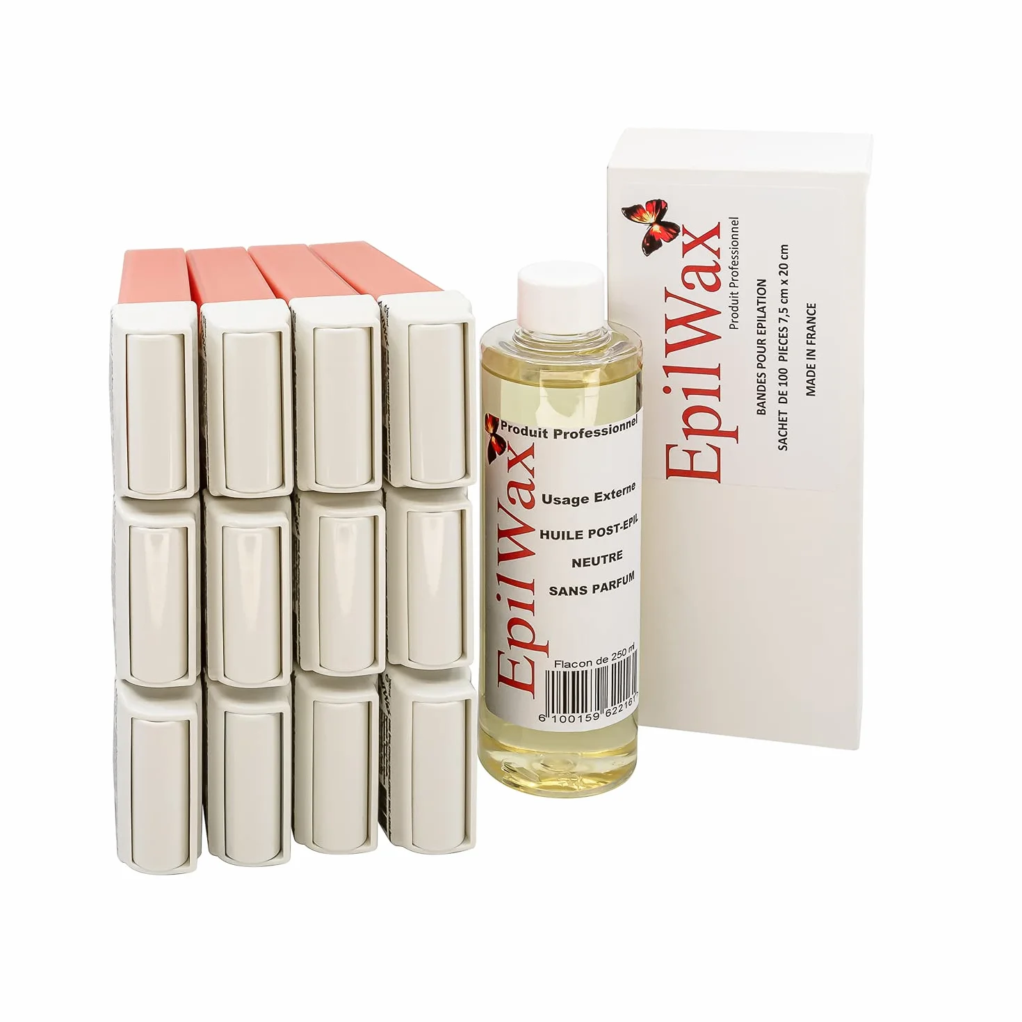 EPILWAX - Zestaw uzupełniający: 12 różowych wkładów roll-on, 1 opakowanie 100 pasków z włókniny do depilacji i 1 butelka 250 ml neutralnego oleju po depilacji (seria różowa)