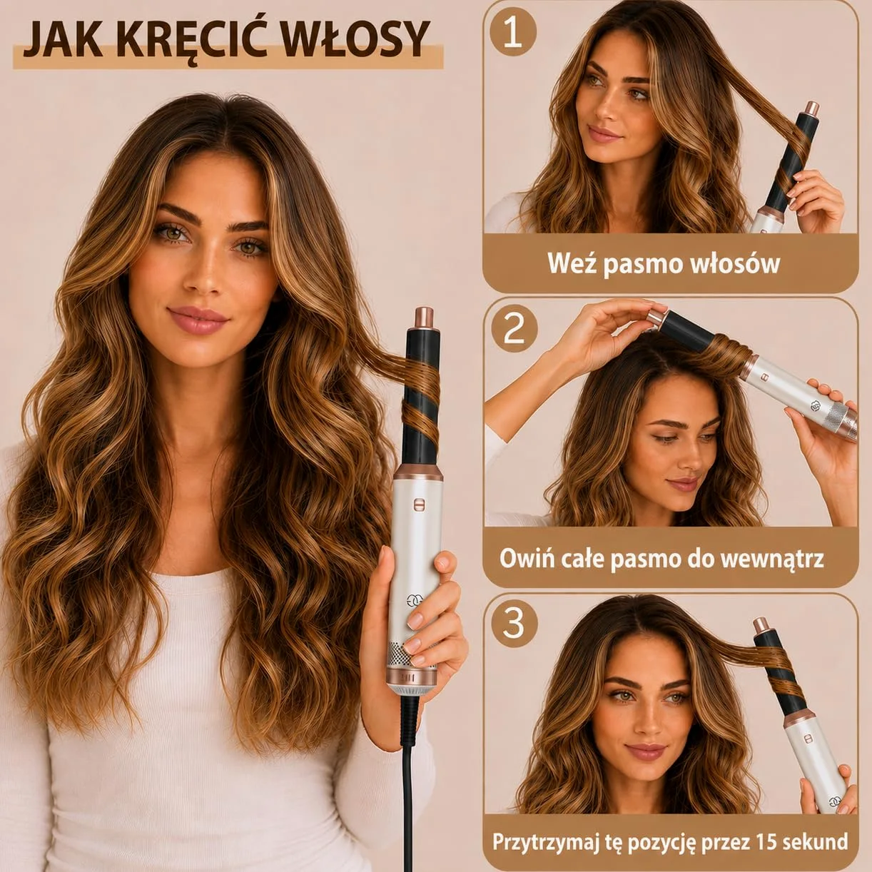 Golden Goods Airstyler Lokówka 5 w 1 - Szczotka do loków - Wielofunkcyjna suszarka do włosów z 5 nasadkami - Prostownica 1000 W - edycja sandstone