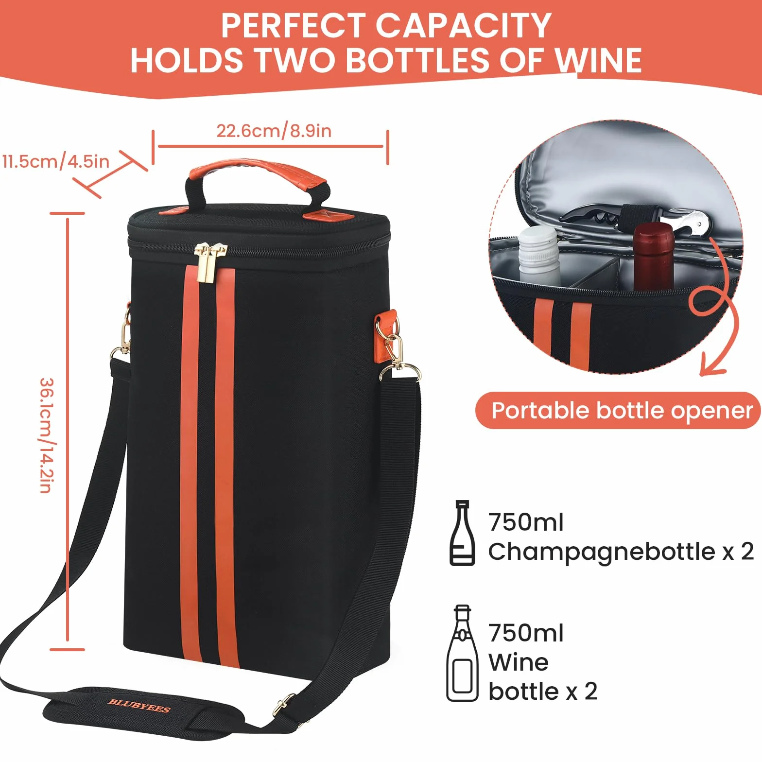 BLUBYEES torba na wino Oxford 900D izolowana chłodząca 2 butelki