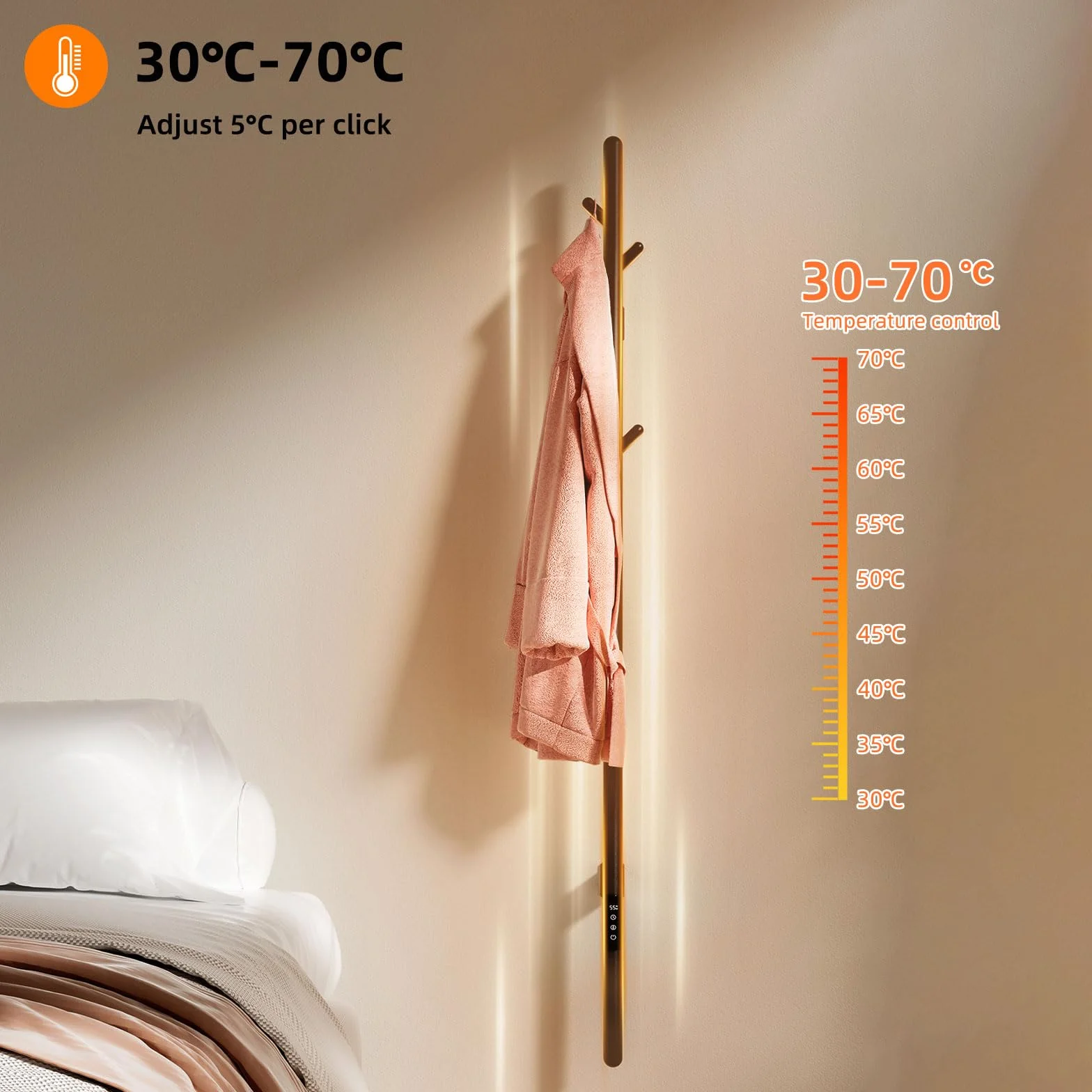 Inteligentny grzejnik łazienkowy na ręczniki z drążkiem, regulowana temperatura, czarny