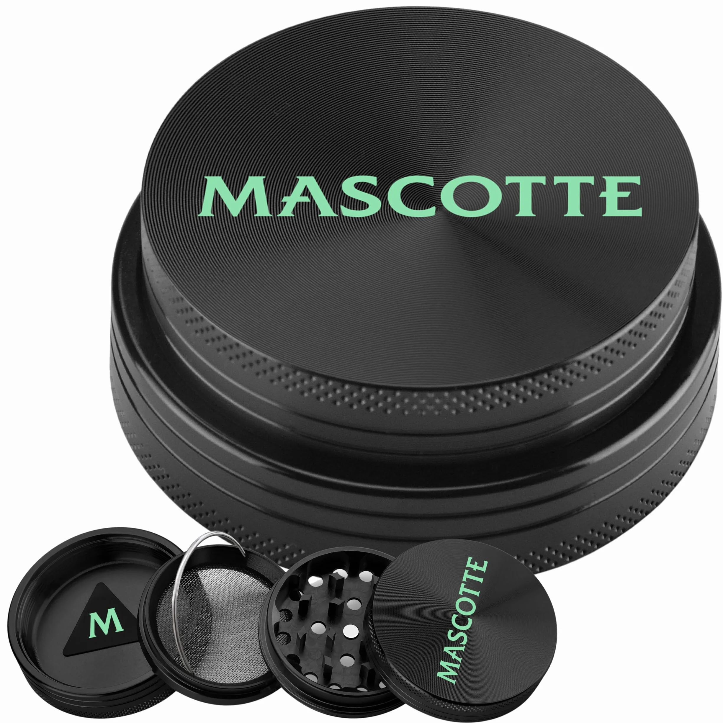 Mascotte® Expert Grinder aluminiowy | kruszarka do ziół | kompaktowy młynek o średnicy 4 cm | młynek do przypraw i ziół | 4-częściowy zestaw ze skrobakiem do pyłków
