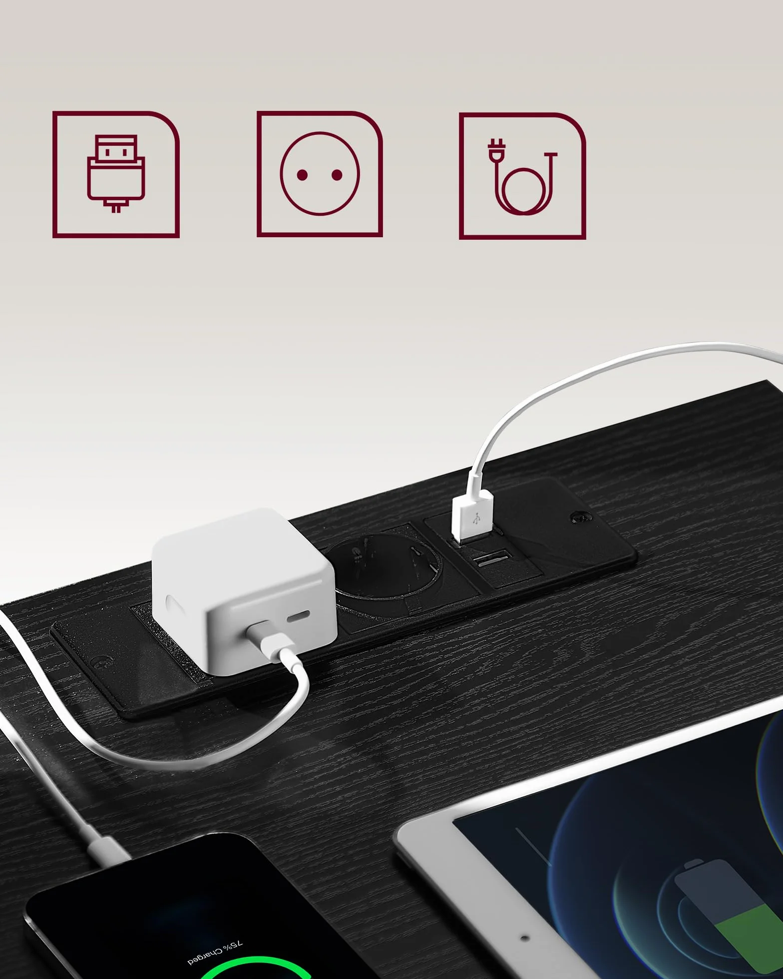 VASAGLE Stolik nocny 3 szuflady fazowana krawędź 2 gniazda AC 2 porty USB hebanowoczarny zestaw 2 szt.