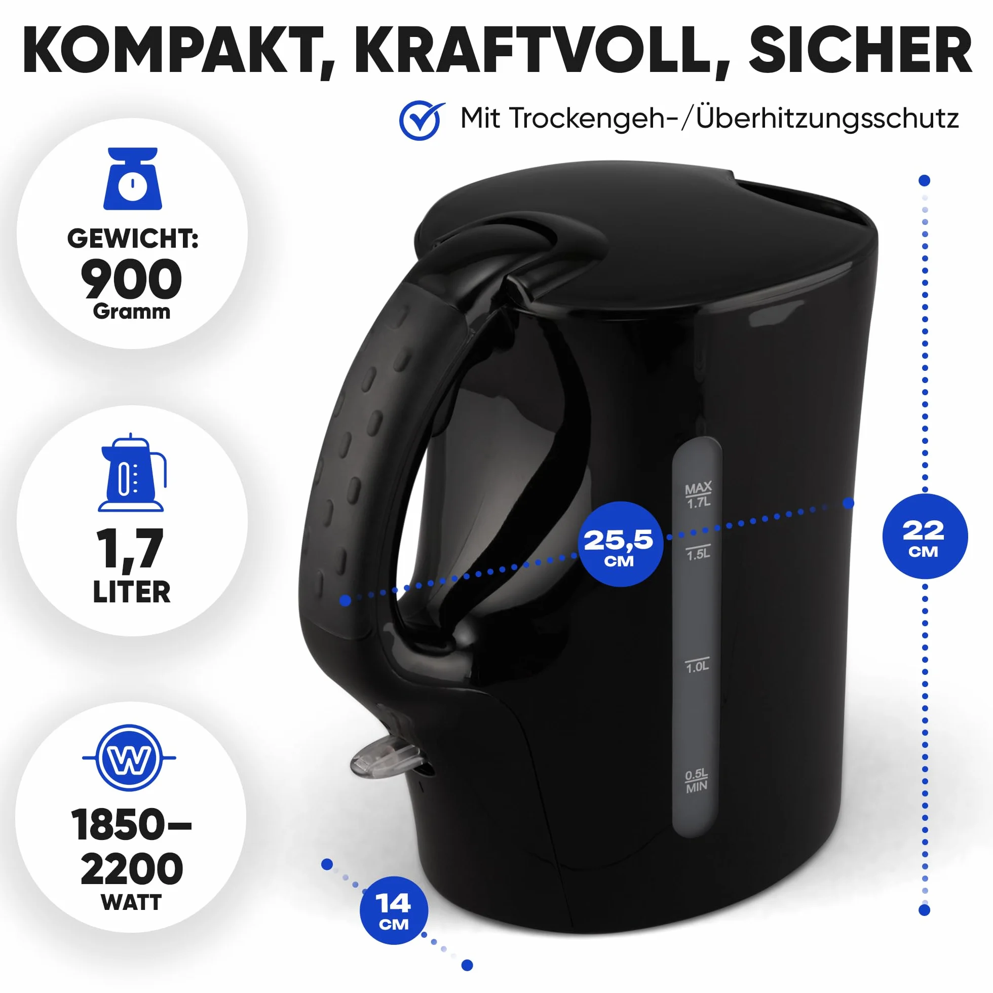 Hervidor de agua Clatronic® | Hervidor Wasserkocher 1,7 L con extracción automática y manual | filtro de cal extraíble | máx. 2200 vatios | Hervidor de agua | WK 3819 negro