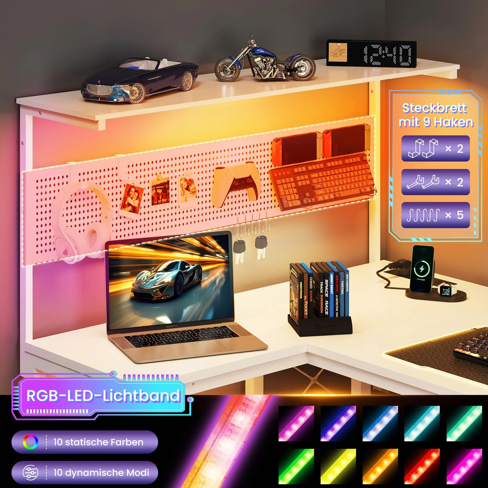 YOUDENOVA Biurko gamingowe w kształcie litery L z diodami LED, gniazdkiem i wejściem USB, dwustronne biurko narożne z regałem i ścianką perforowaną, 120 x 80 cm, biurko komputerowe z miejscem do