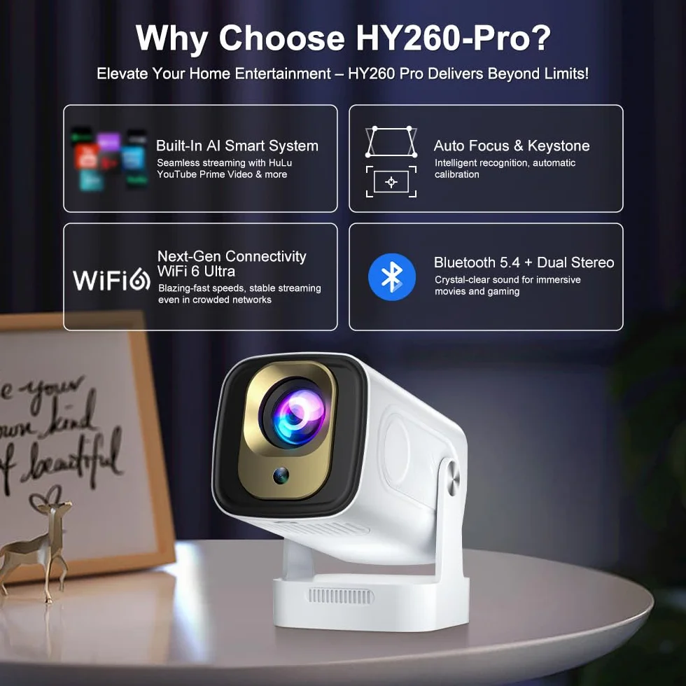 HY260pro Inteligentny Projektor 4K, Mini Projektor z WiFi 6 Bluetooth 5.4, 1080p Full HD, Przenośny Projektor z Systemem Android 14.0, Obrót o 270°, Do Sypialni, na Zewnątrz