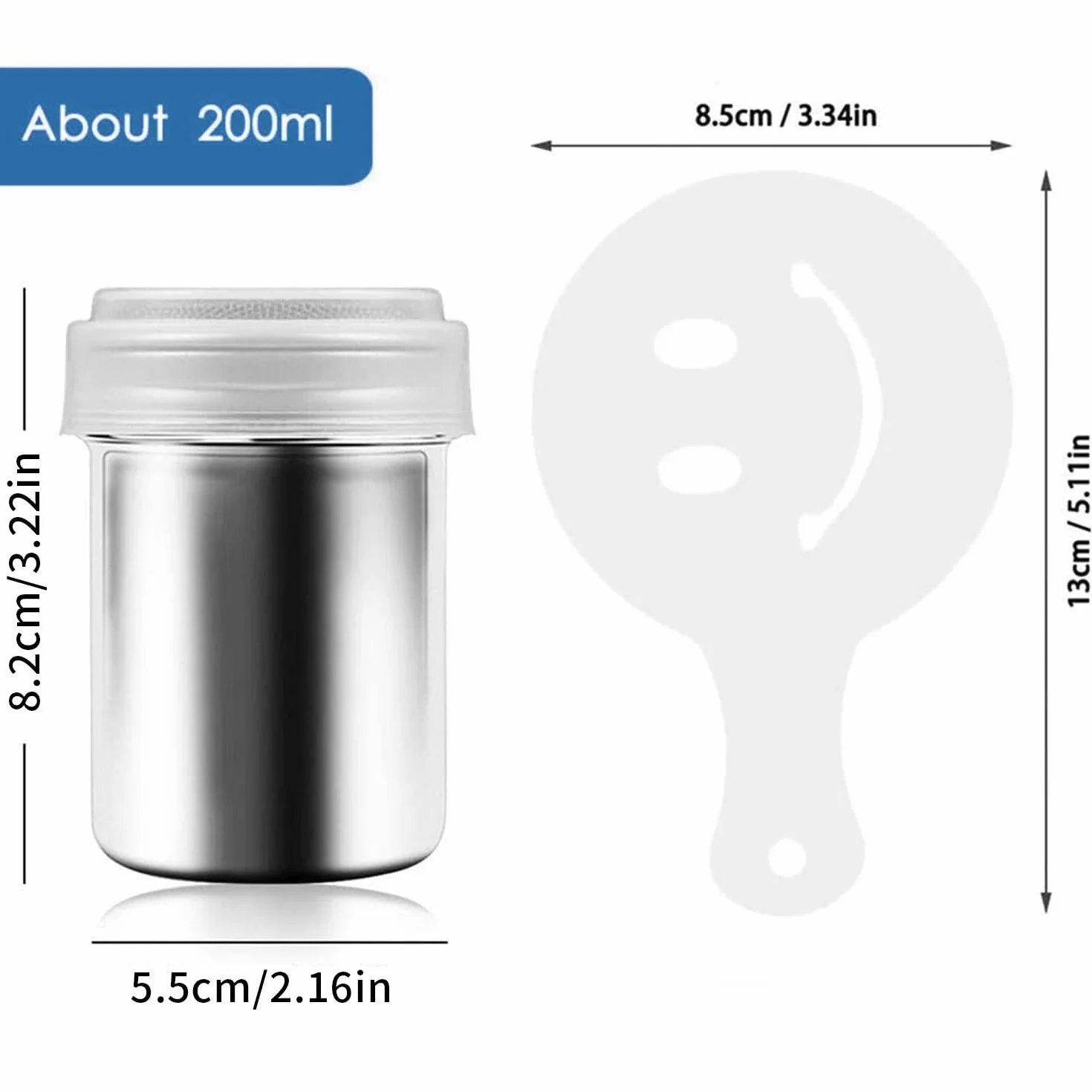 Solniczka do kakao ze stali nierdzewnej 304, 2 sztuki, z pokrywką, z 16 szablonami do kawy, cappuccino, łyżka do mieszania ze stali nierdzewnej