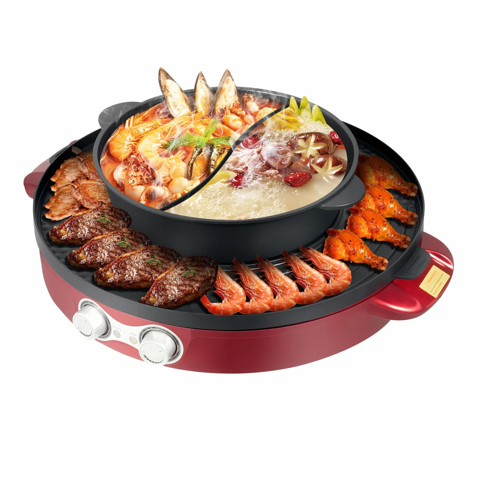 Elektryczny grill i zestaw do fondue 2200 W 44 cm powłoka nieprzywierająca Hot Pot płyta grillowa czerwony