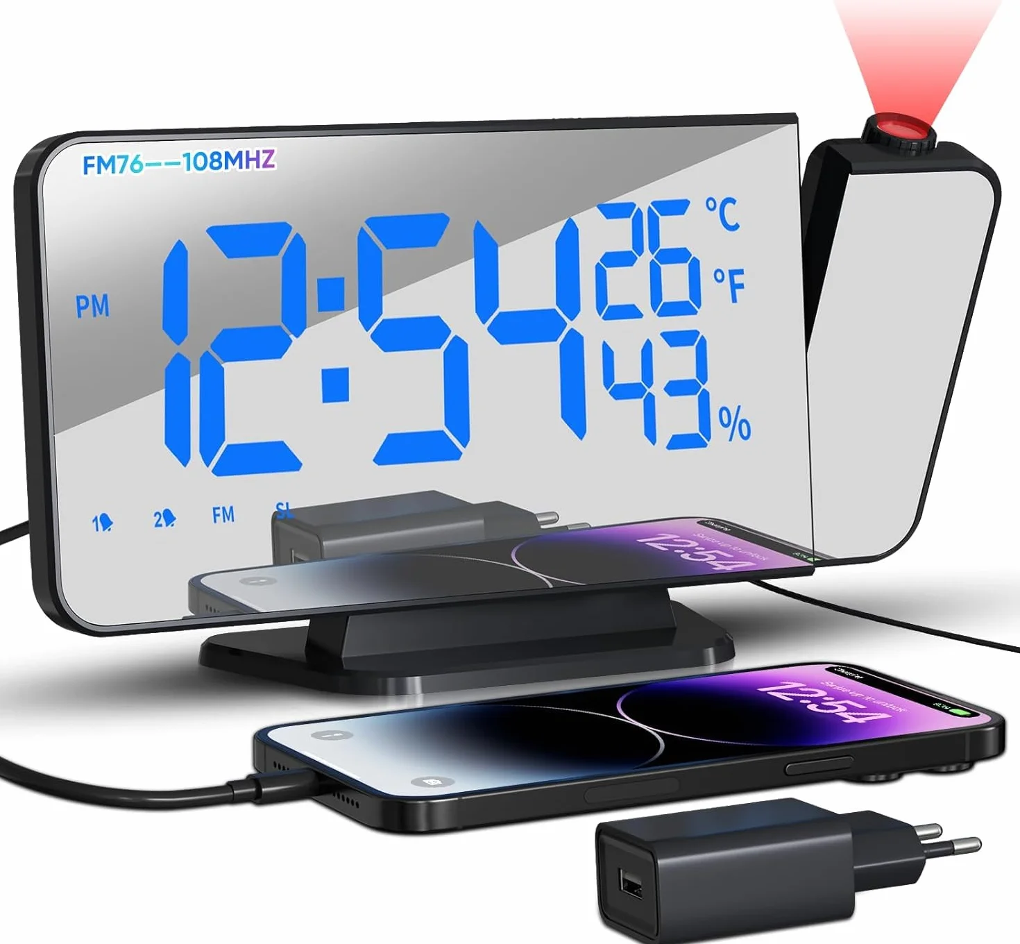 TAKRINK Budzik z projektorem, 4 poziomy jasności, podwójny alarm, USB 12/24 h