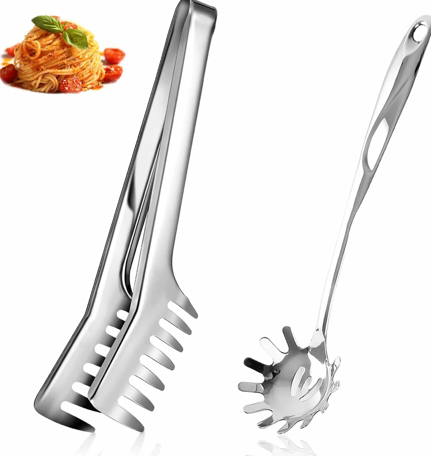 Zestaw do serwowania spaghetti, ze stali nierdzewnej, łyżki do makaronu, nadają się do mycia w zmywarce, do pieczenia i gotowania makaronu, oraz sałatek (zestaw 2 sztuk)