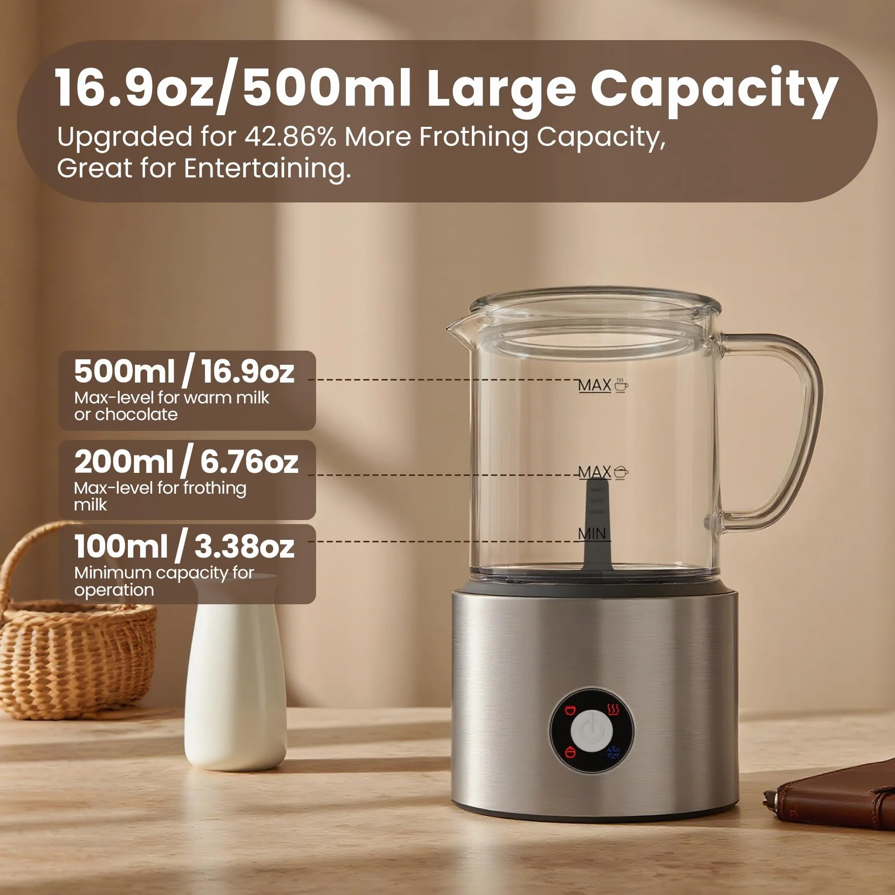 Spieniacz do mleka 4 w 1 500 ml z dzielonym wzorem, automatyczny, szklany kubek do cappuccino