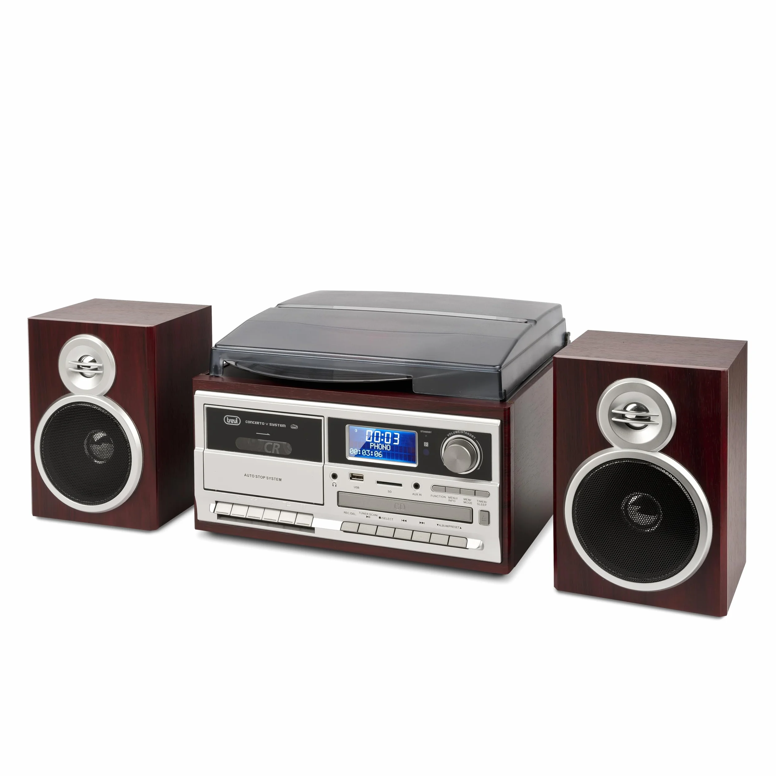 Trevi TT 1072 DAB, 33, 45 i 78 RPM winylowy gramofon, bezprzewodowy odtwarzacz winylowy, odtwarzacz CD i MP3, USB i SD, 25 W, radio cyfrowe DAB/DAB+ FM, gniazdo słuchawkowe, głośnik Bassreflex, drewno