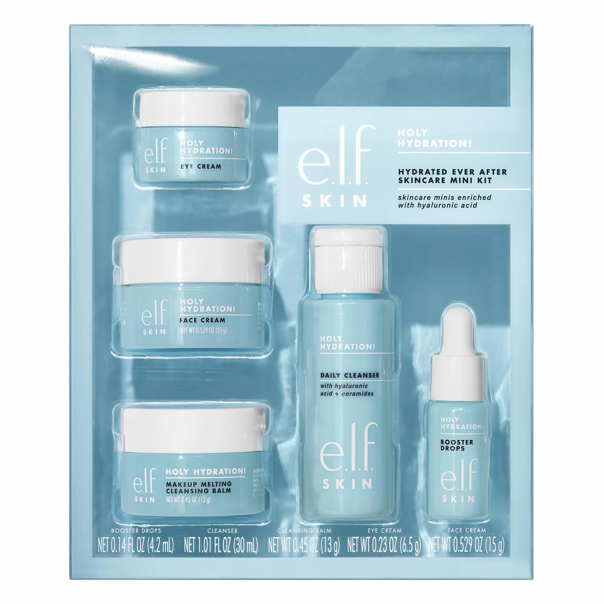 e.l.f. Skin Holy Hydration Mini nawilżający zestaw do pielęgnacji ciała, środek do demakijażu, nawilżający i pod oczy