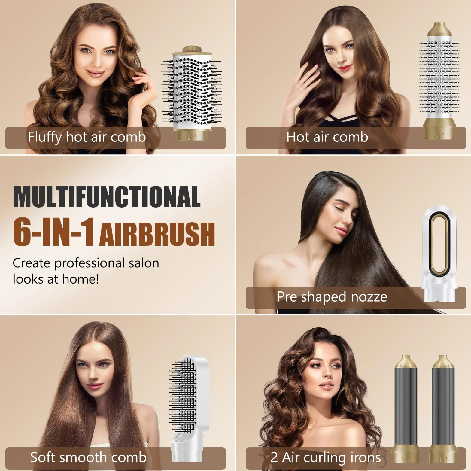Hairstyler 6 w 1, suszarka jonowa, 1000 W, wielofunkcyjna lokówka do włosów, automatyczna lokówka, technologia ceramiczna, profesjonalna szczotka z ciepłym powietrzem, lokowanie i prostowanie (biała)