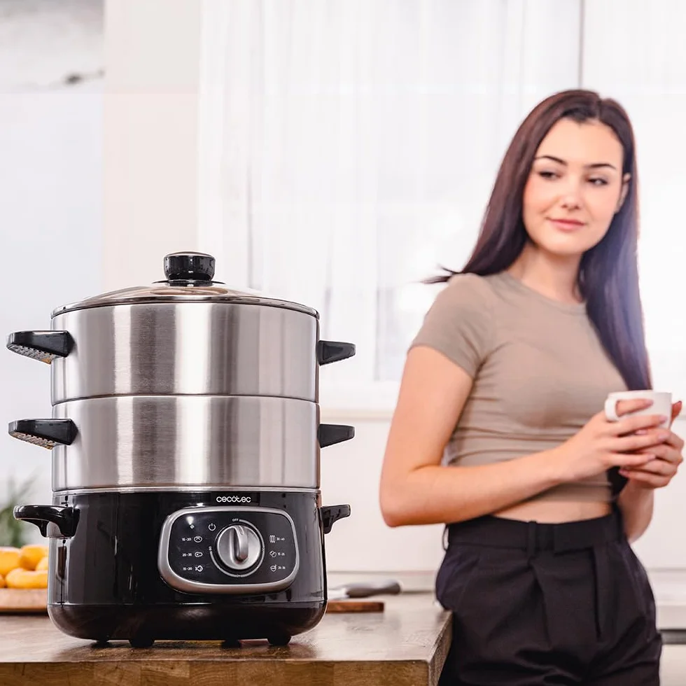 Cecotec Vapovita Steelpot Elektryczna parownica, moc 1300 W, pojemniki ze stali nierdzewnej, pojemność 10 l, regulowany czas, automatyczne wyłączanie, łatwe czyszczenie, specjalna pokrywa, zdrowa