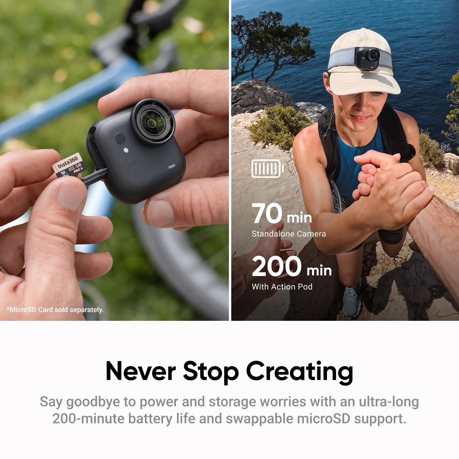 Insta360 Pakiet GO Ultra Creator Midnight Black – mała kamera 4K, lekka i przenośna, doskonałość przy słabym oświetleniu, montaż w dowolnym miejscu, stabilizacja FlowState, żywotność baterii 200 min