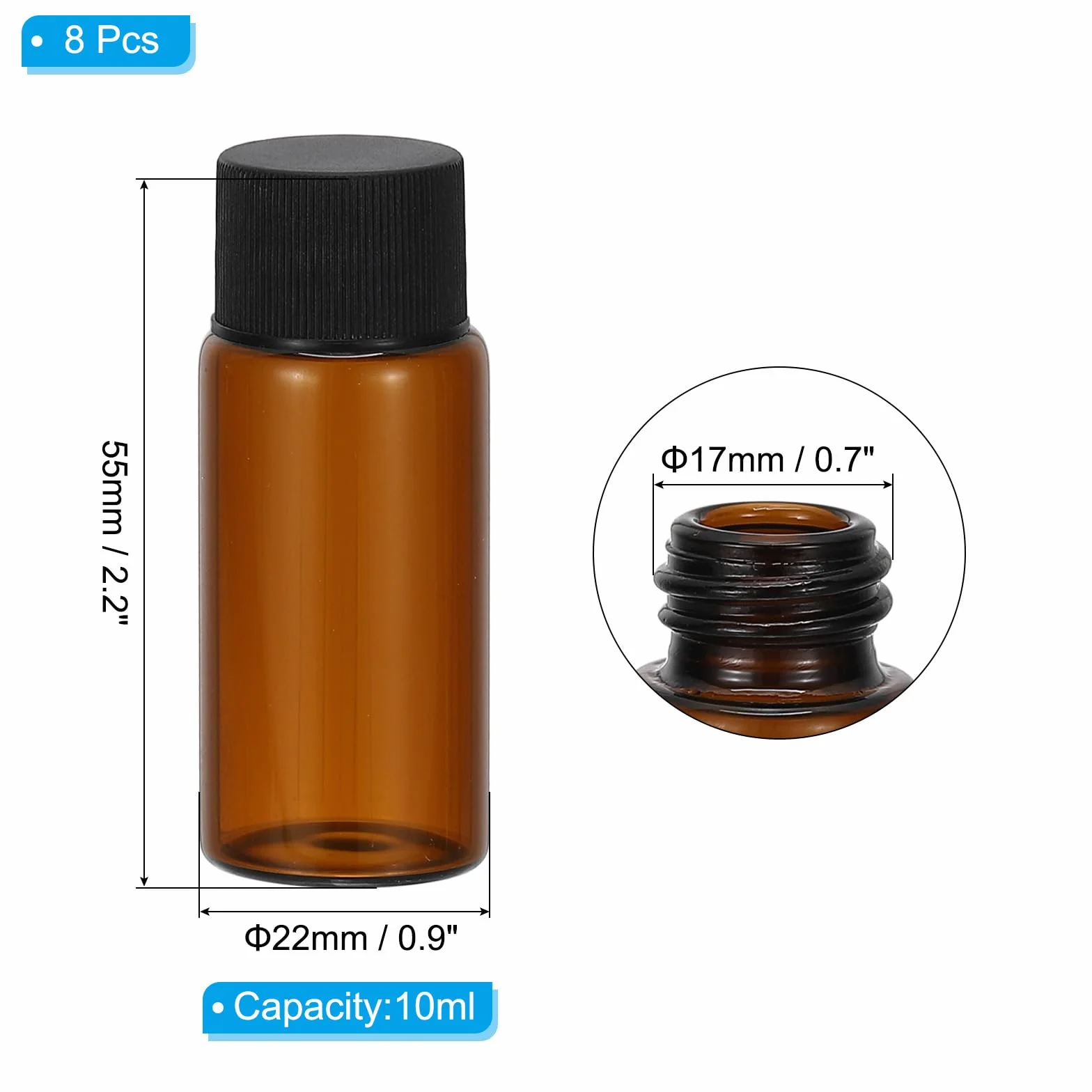 Patikil Butelki na olejki eteryczne 10 ml, 8 opakowań, szkło bursztynowe, reduktor kryzy, fiolka na próbki, wąska zakrętka, pojemnik, czarny