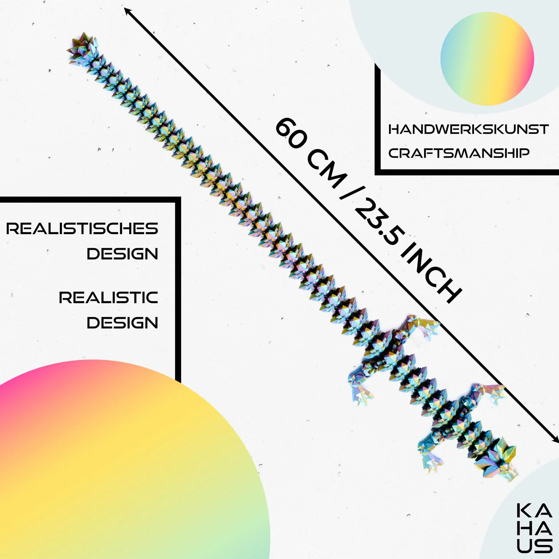 3D Smok – 60 cm dekoracyjna rzeźba fantasy w kolorach czerwono-żółto-zielonych, duża figurka kolekcjonerska z ruchomym elementem (14+)