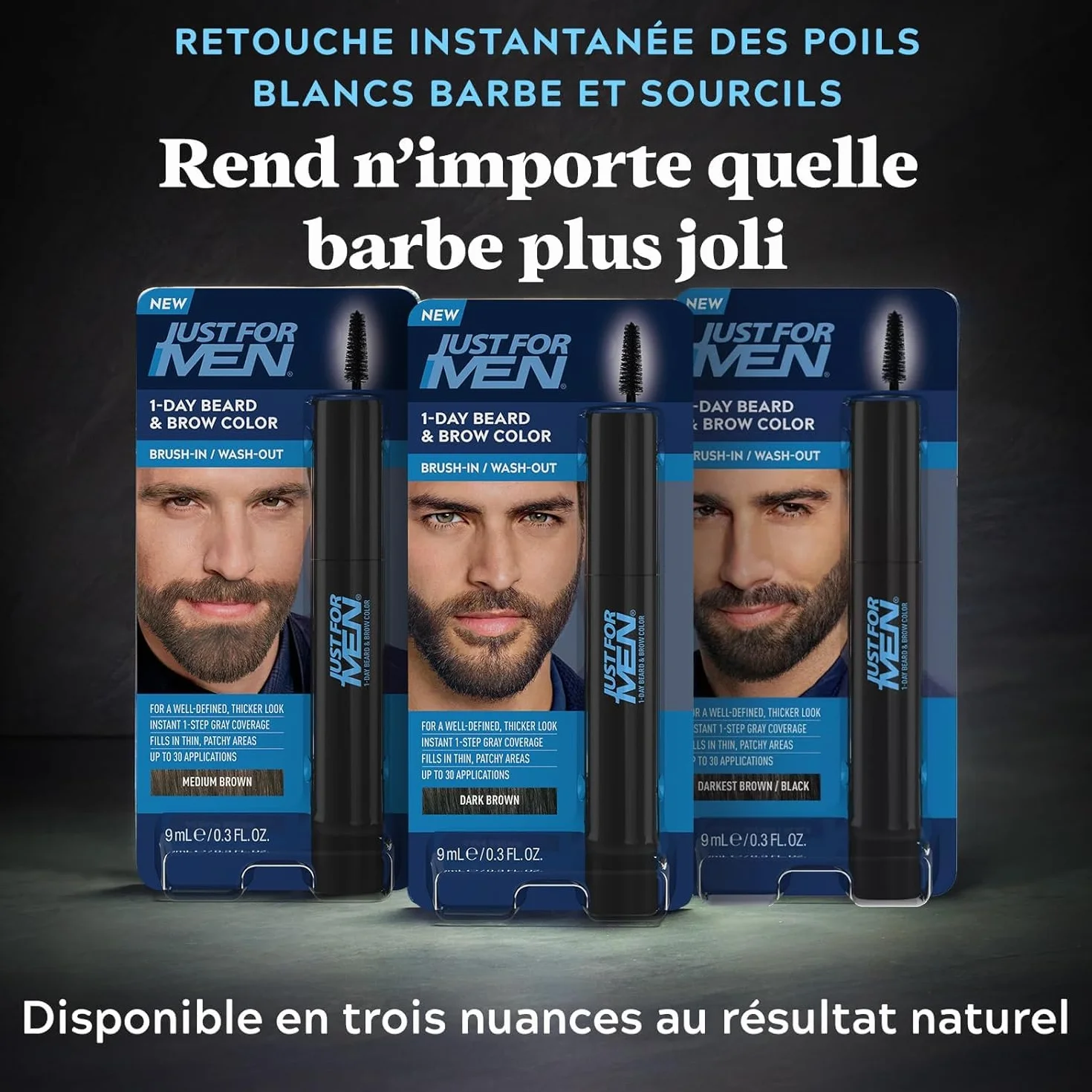 Just For Men Błyskawiczny retusz do brwi i białych brwi, tymczasowy kolor dla pełniejszego i zdefiniowanego wyglądu do 30 zastosowań, średni brąz