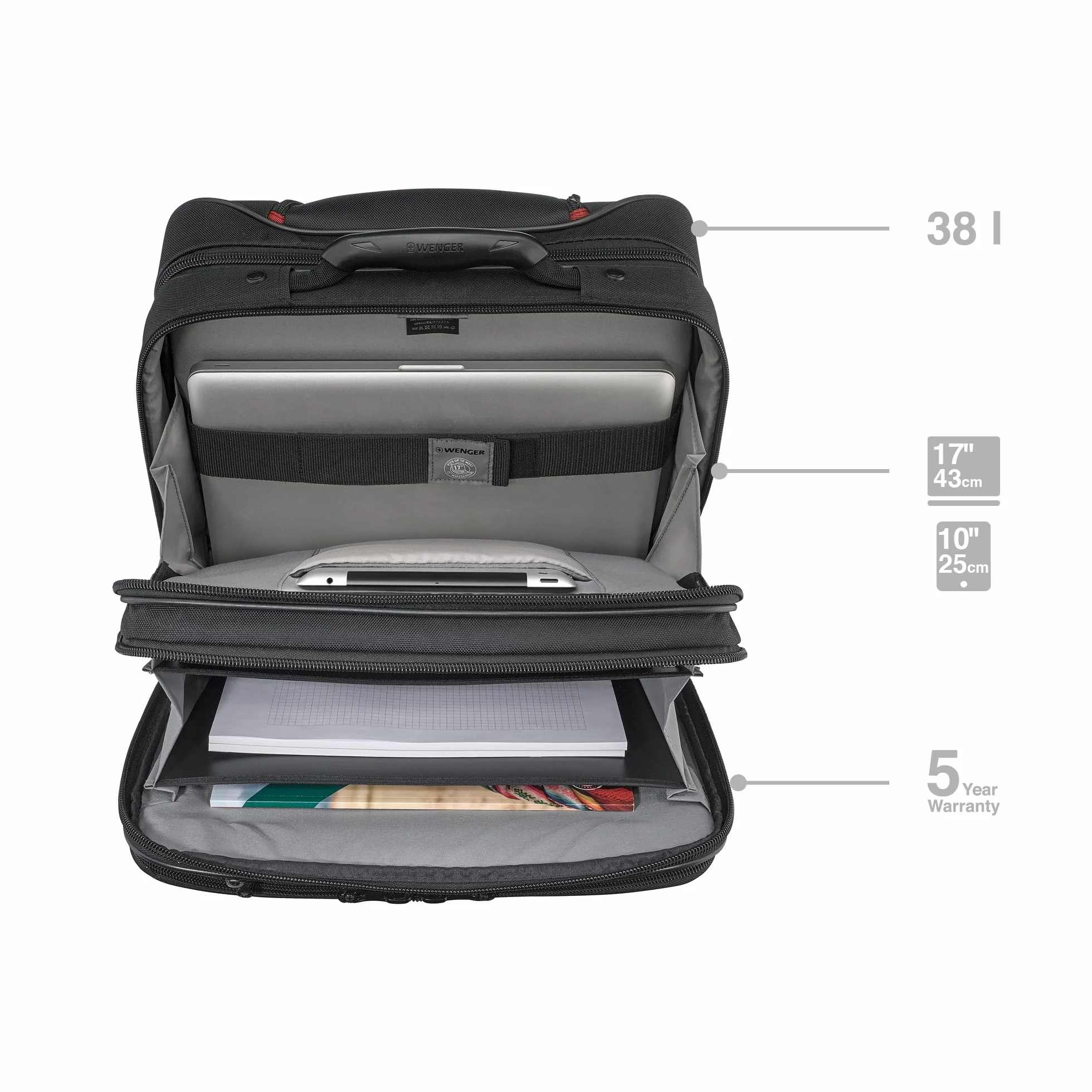WENGER Patriot Trolley torba na laptopa, aktówka na kółkach, organizer, dla kobiet i mężczyzn, do biura, na podróż służbową, uniwersytet, czarny, Size: 27.0 x 42.0 x 34.0 cm