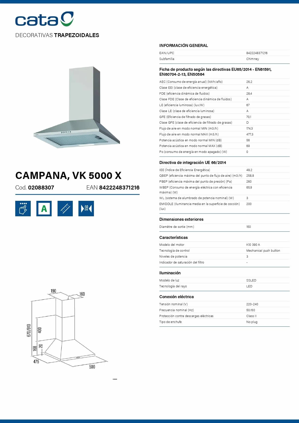 CATA Okap VK 5000 X sterowanie mechaniczne 3 poziomy ekstrakcji 480 m3/h poziom hałasu 56 dB silnik K10 zużycie 110 W oświetlenie LED kolor nierdzewny