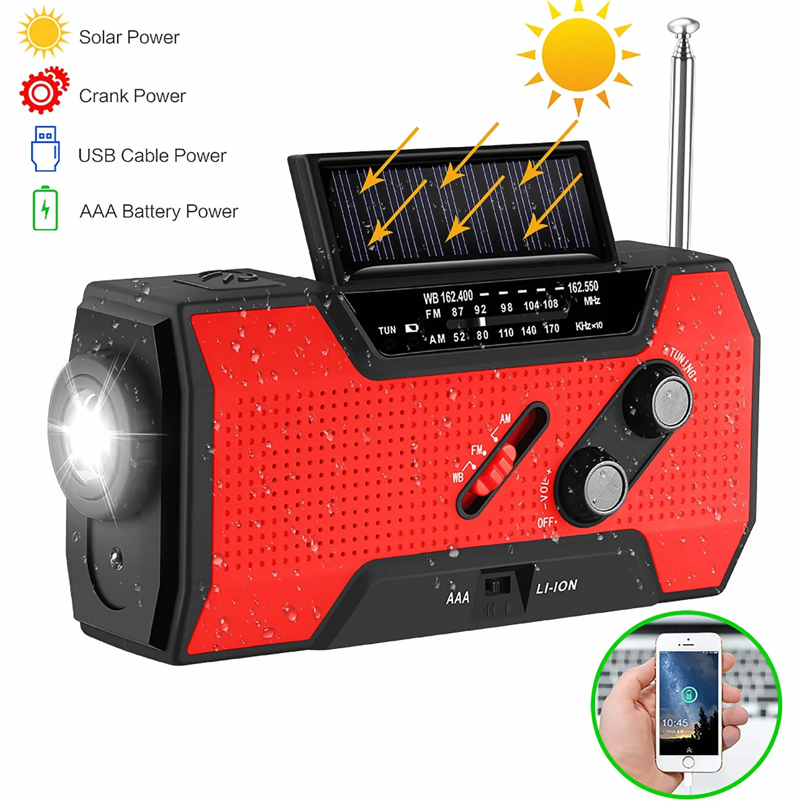Radio korbowe awaryjne, FORNORM radio solarne 2000 mAh power bank radioodtwarzane z ładowarką do telefonu i 4 lampami do czytania, AM/FM/7 NOAA, 4 metody zasilania, czerwone