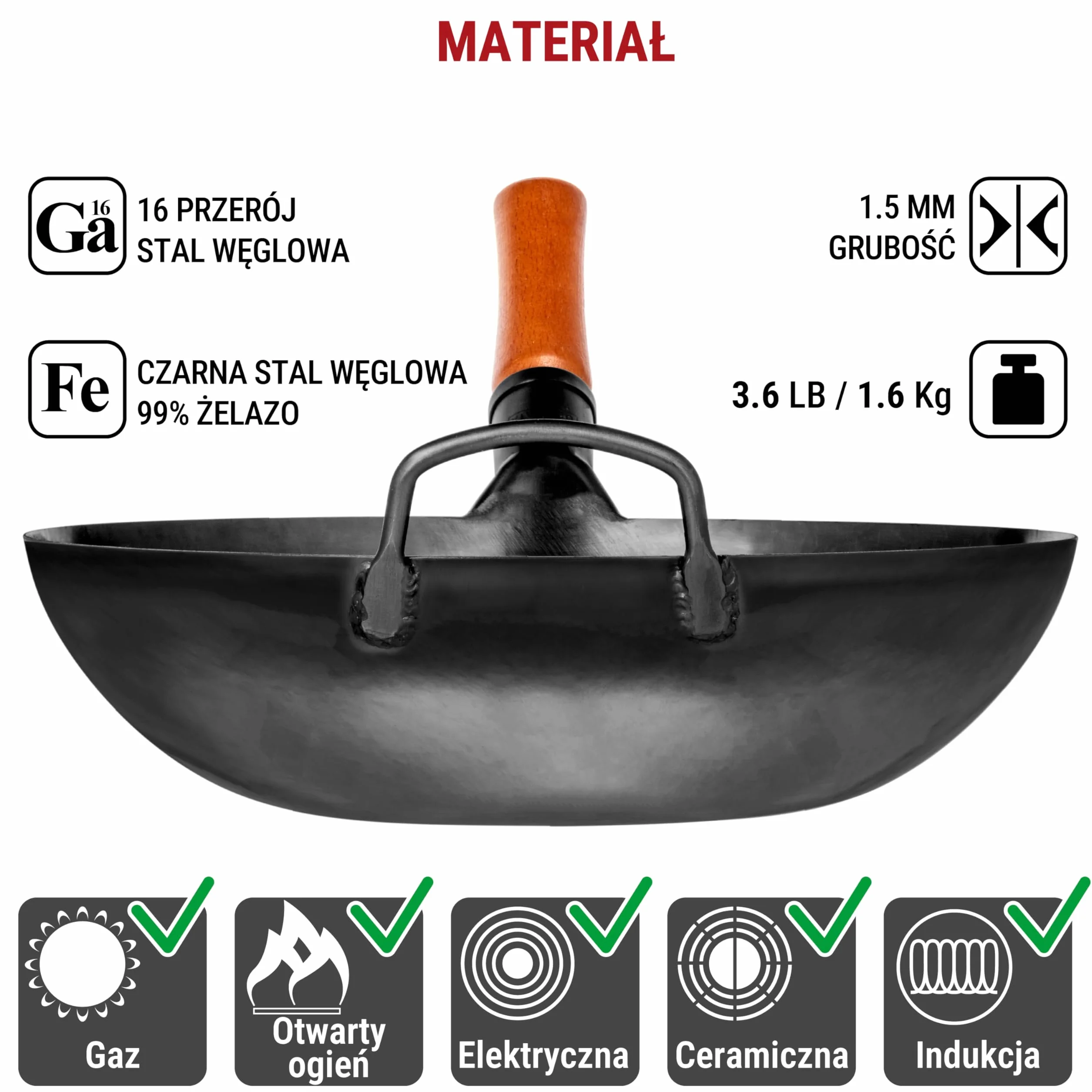 YOSUKATA Wok Stal Węglowa 34 cm - Chiński Wok z Płaskim Dnem do Stir Fry i Grillowania