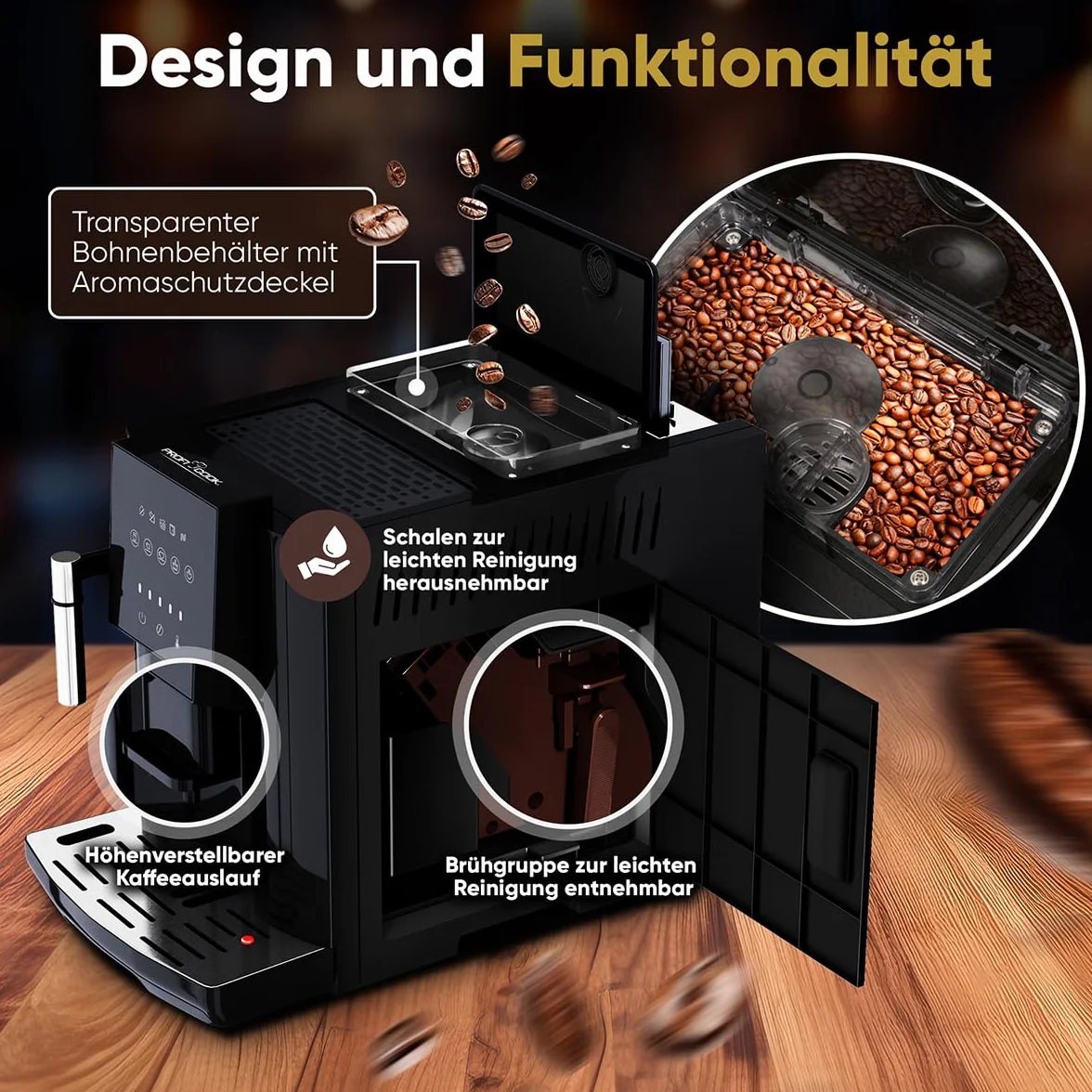 ProfiCook w pełni automatyczny ekspres do kawy, spieniacz do mleka, stożkowy młynek do korzeni, zbiornik na wodę 1,8 l, z funkcją podgrzewania filiżanek, wyświetlacz dotykowy, ekspres do kawy, PC-KAV