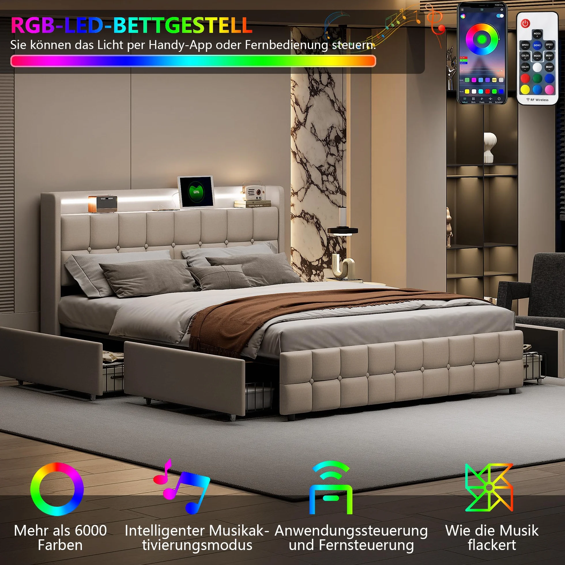 Łóżko LED 180x200 cm z szufladami i somierem, zagłówek z ładowaniem USB, beżowe