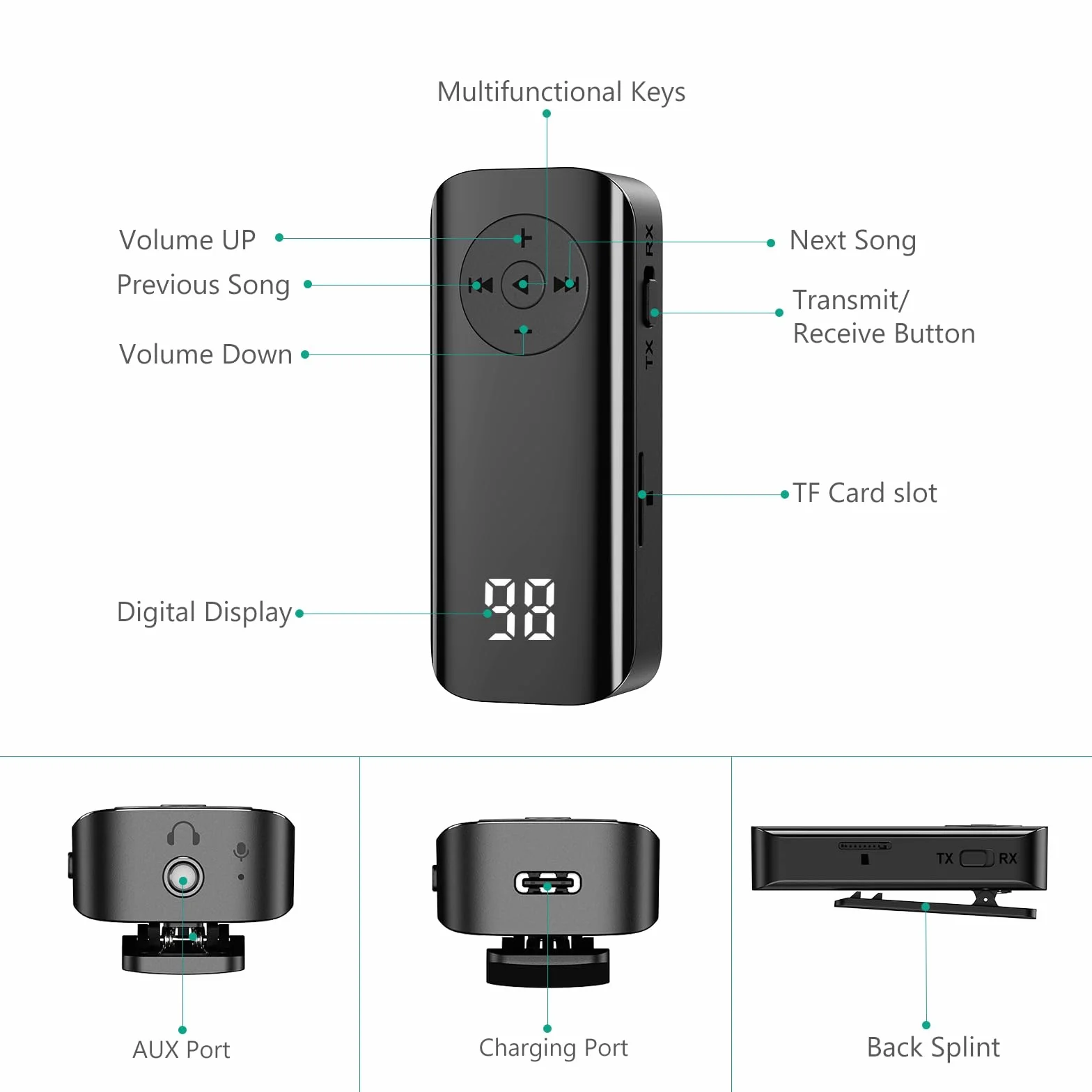 ORIA Nadajnik odbiornika Bluetooth 5.3, 2 w 1, pomocniczy adapter Bluetooth z ekranem wyświetlacza, redukcja szumów, 20 godzin autonomii, samochodowy odbiornik audio Bluetooth, głośniki