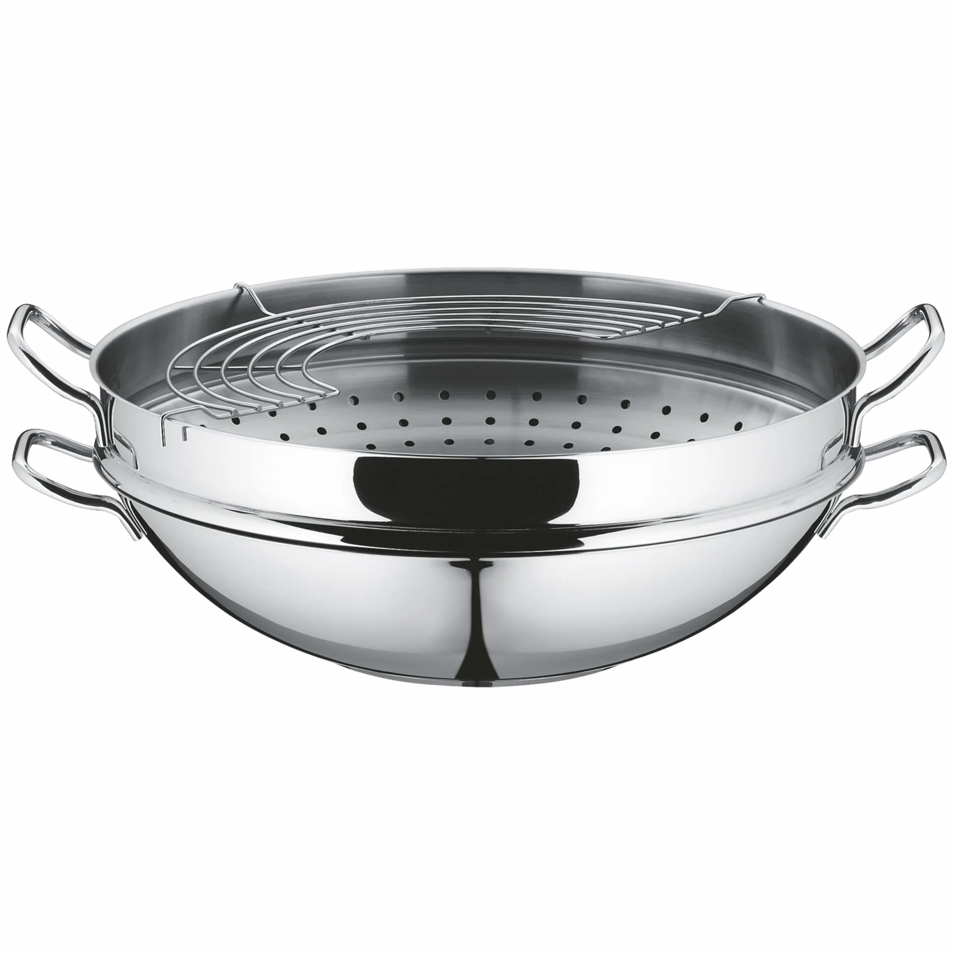 WMF Party wok 4-częściowy zestaw do gotowania na wok z pokrywką, 36 cm, 4,5 l, kratka do odkładania, wkładka do amortyzatora ze stali szlachetnej Cromargan, polerowana, niepowlekana, indukcyjna