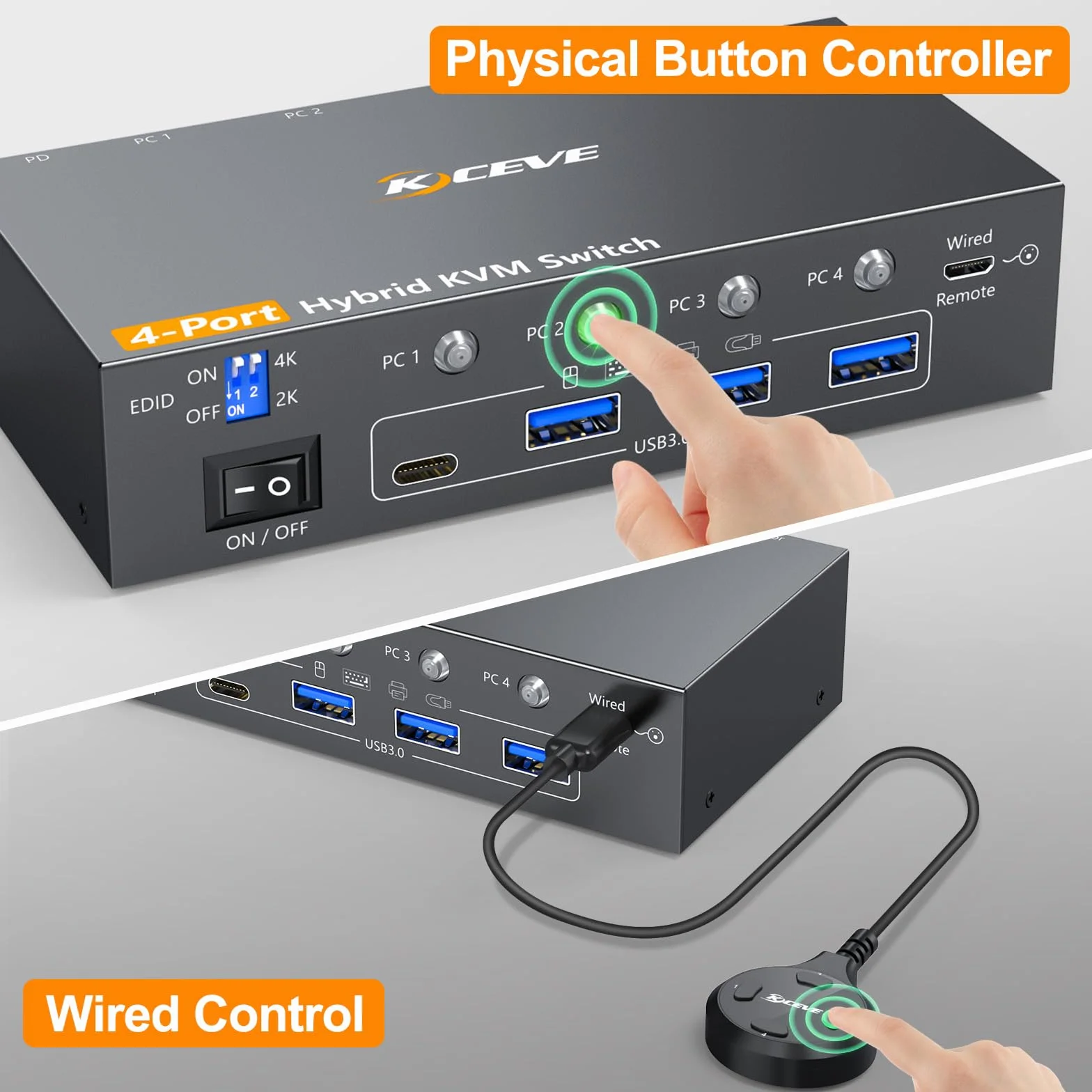 KVM Switch 1 monitory 4 PC, 4K @ 60 USB C+ Displayport + przełącznik HDMI KVM z 4 portami USB 3.0, klawiaturą i kontrolerem biurkowym