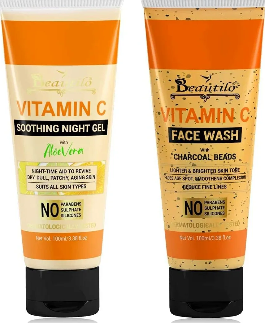 Beautilo Daily Fresh & Moisturizing Pack (witamina C do mycia twarzy z koralikami węglowymi i witaminą C, kojący żel na noc), 200 g (2 sztuki)