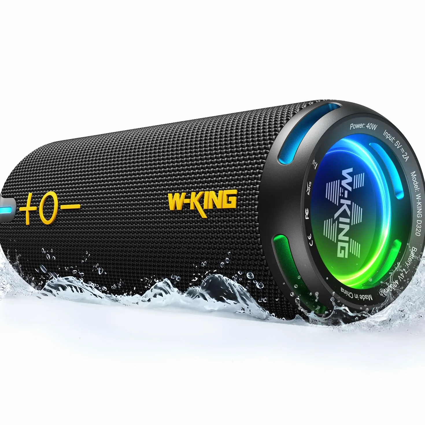 W-KING Głośnik Bluetooth, IP67, głośnik, Bluetooth, do użytku na zewnątrz, EQ-APP, 40 W HD 360° Surround Sound / Light/Deep Bass/V5.3/DSP/24H/TF/AUX, do prysznica, na kemping, D320, czarny