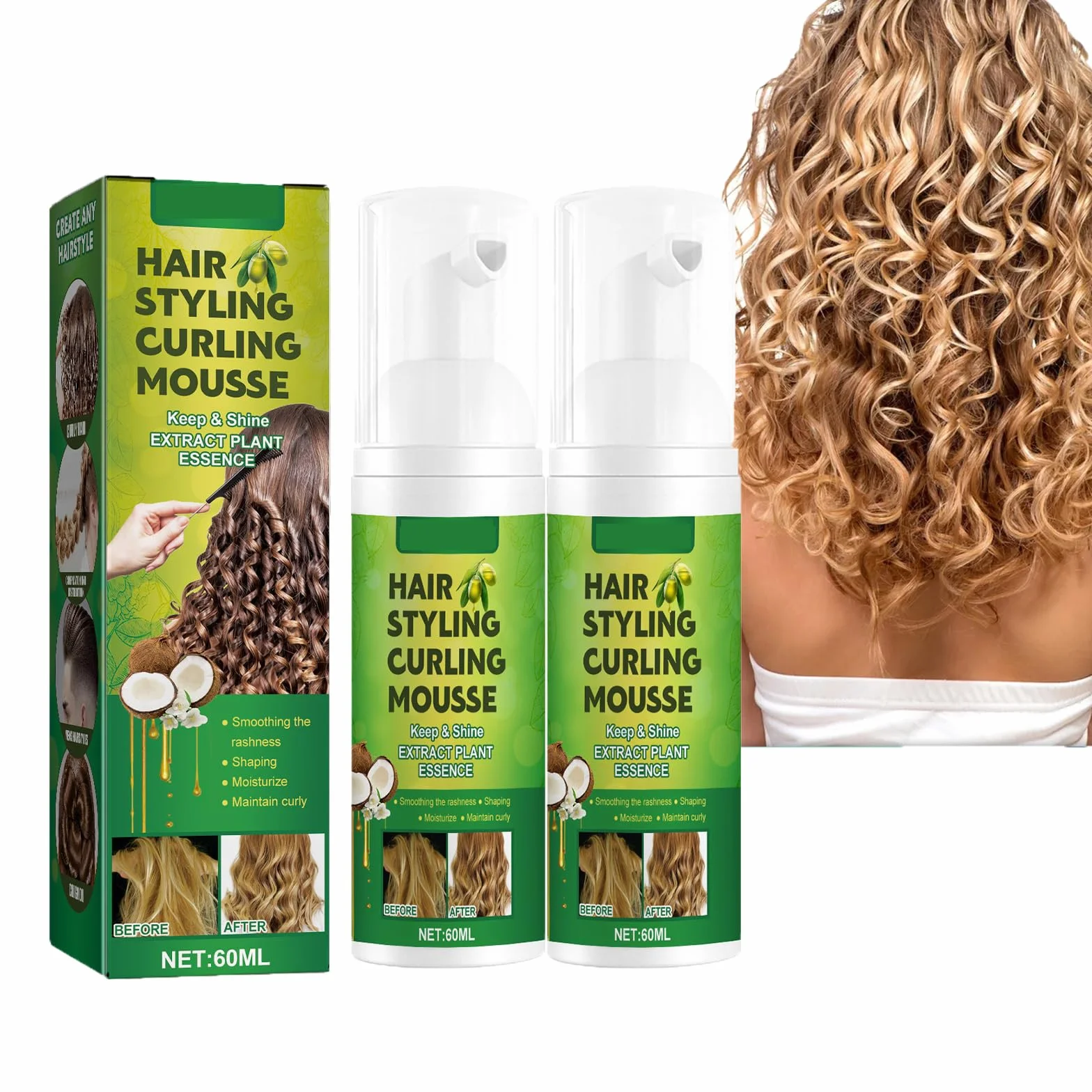 2 szt. Mus do stylizacji loków, miękki mus do modelowania loków, zwijacz loków, nawilżająca pielęgnacja pianki do stylizacji pianki, 2 szt. x 60 ml, hair2