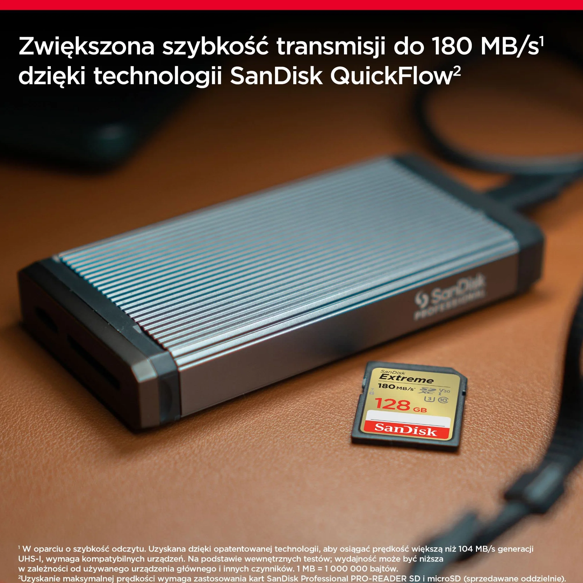 SanDisk 128GB Extreme SDXC Karta, UHS-I, 4K UHD, do 180 MB/s, RescuePro Deluxe, Odporna na wstrząsy, temperaturę, wodę i promieniowanie rentgenowskie, SanDisk QuickFlow-Technology) Class 10, U3, V30