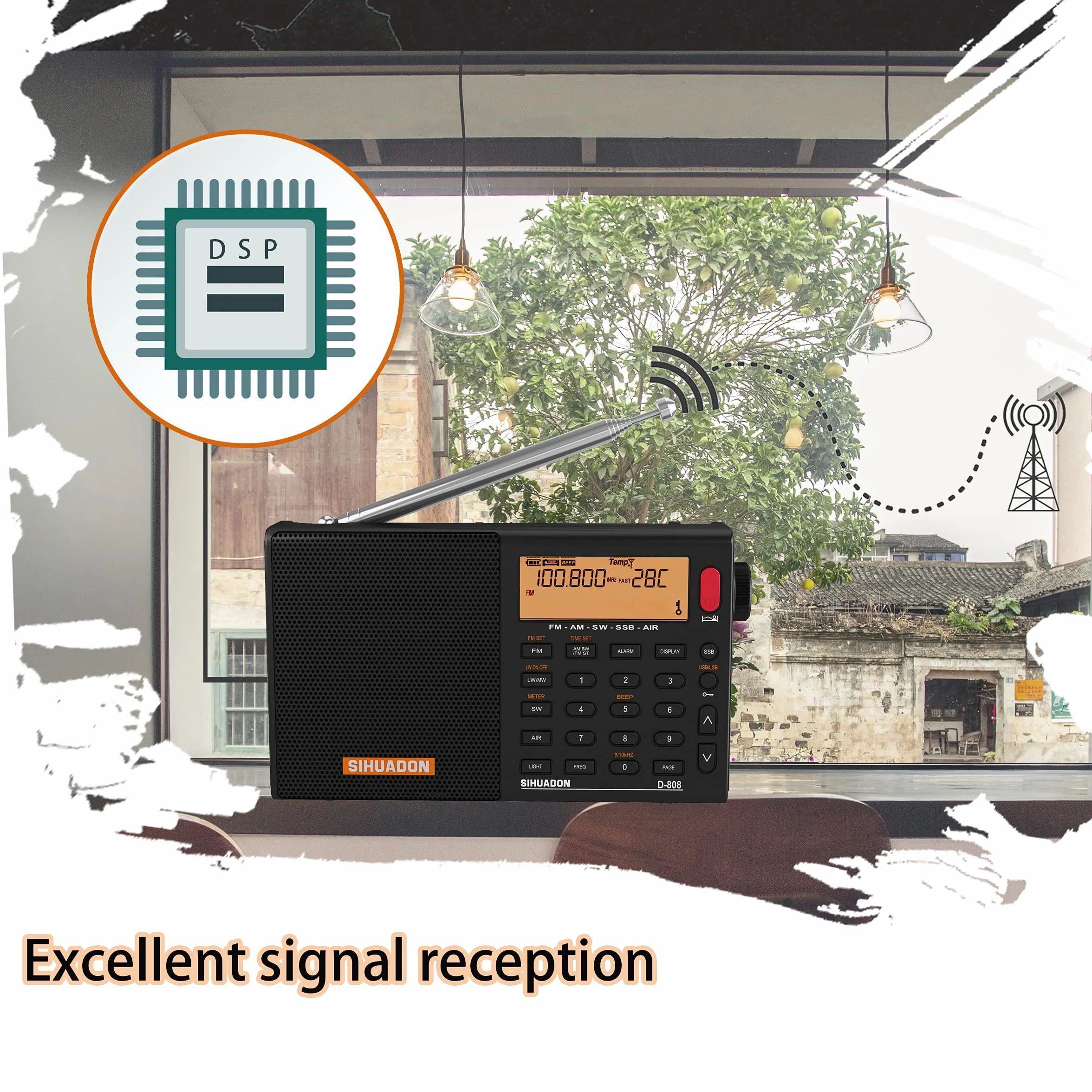 Przenośne radio cyfrowe SIHUADON D808 FM Stereofoniczny KW MW LW SSB AirBand wielopasmowy głośnik radiowy wyświetlacz LCD budzik wyłącznik czasowy czarny