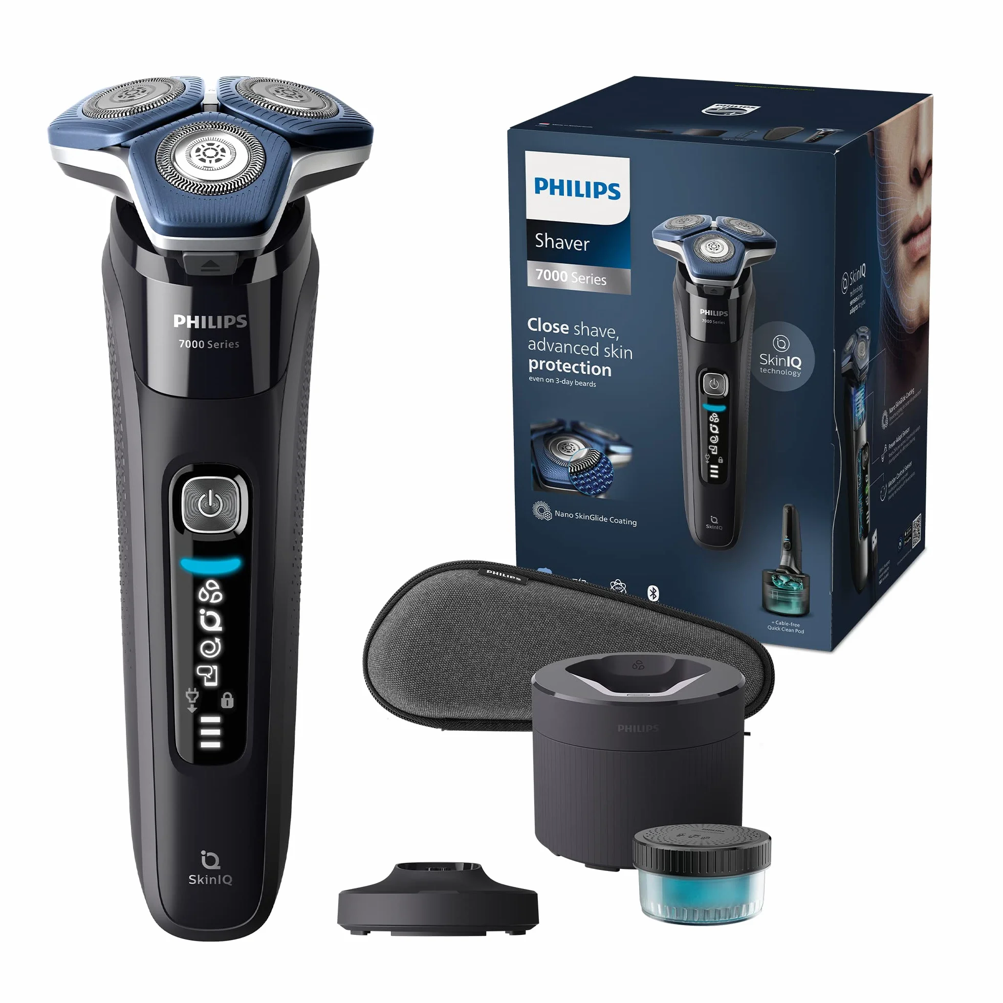 Golarka elektryczna Philips Series 7000 do golenia na mokro i na sucho z technologią SkinIQ, zintegrowanym trymerem, podkładką ładującą, etui podróżnym, wkładem Quick Clean (Model S7886/55)