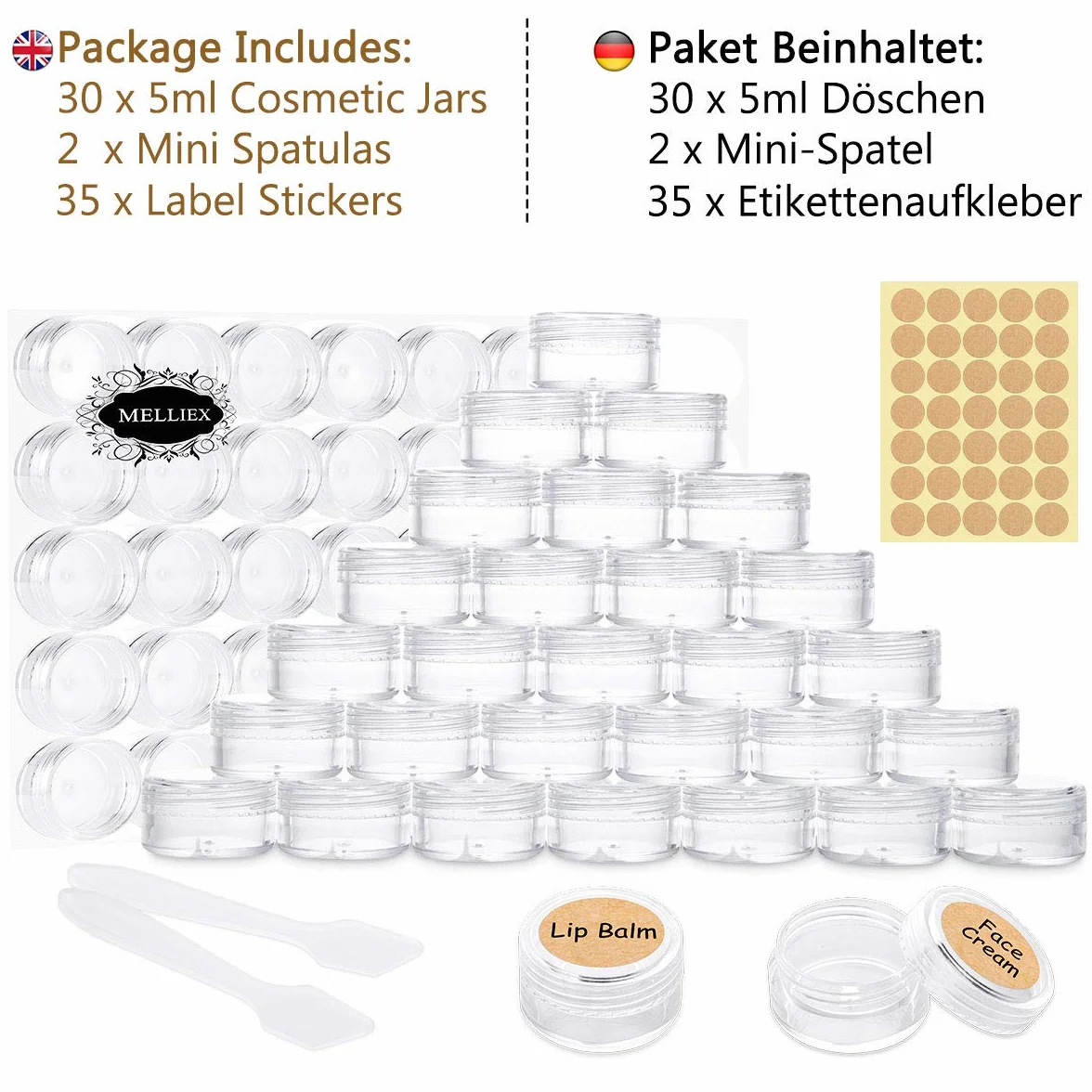 Pojemniki na kosmetyki słoiki plastikowe podróżne doniczki na próbki z mini szpatułką i naklejkami z etykietami, 30 szt. (5 g/5 ml, przezroczyste)