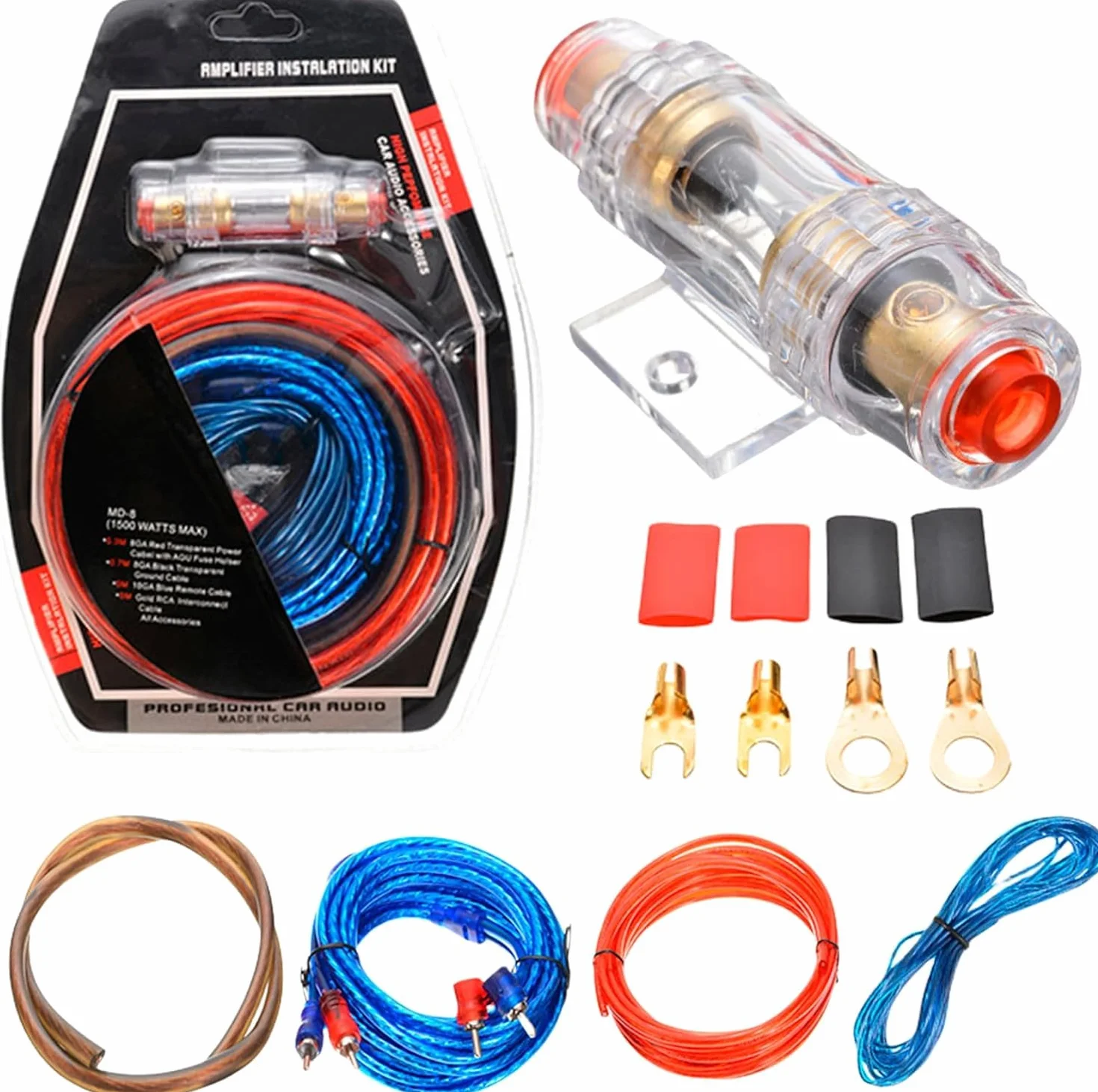 SPORWAY Zestaw kabli wzmacniacza samochodowego 10GA, zestaw kabli do wzmacniacza samochodowego 1500 W, zestaw kabli do wzmacniacza samochodowego, zestaw kabli do subwoofera, kabel audio
