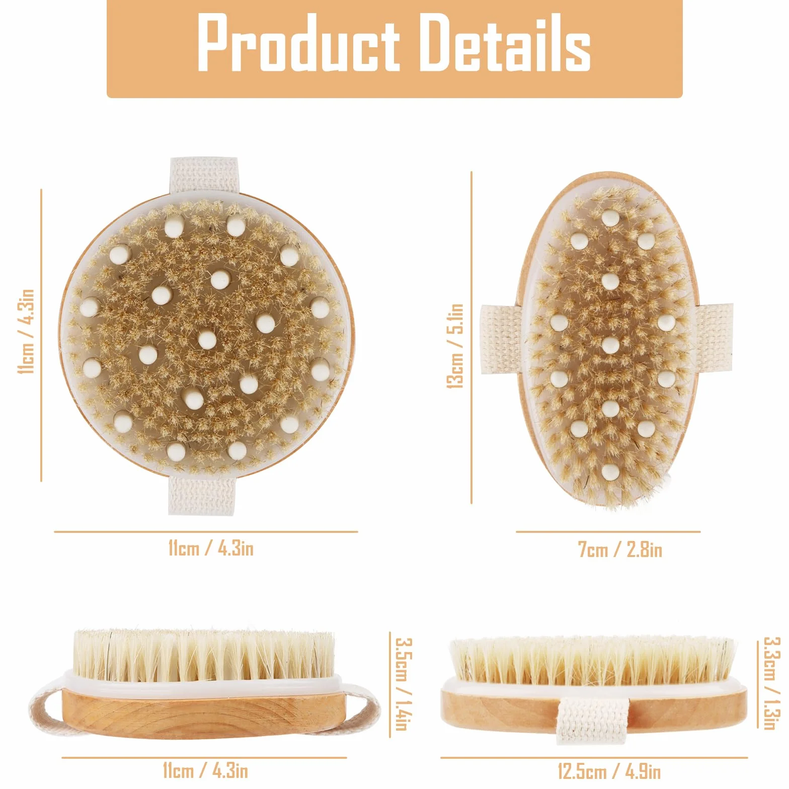 AKONE Sucha szczotka do drenażu limfatycznego, 2 sztuki, szczotka z włosia dzika, szczotka do masażu ciała, peeling, cellulit, poprawia krążenie krwi, okrągła szczotka do masażu ręcznego 11 cm