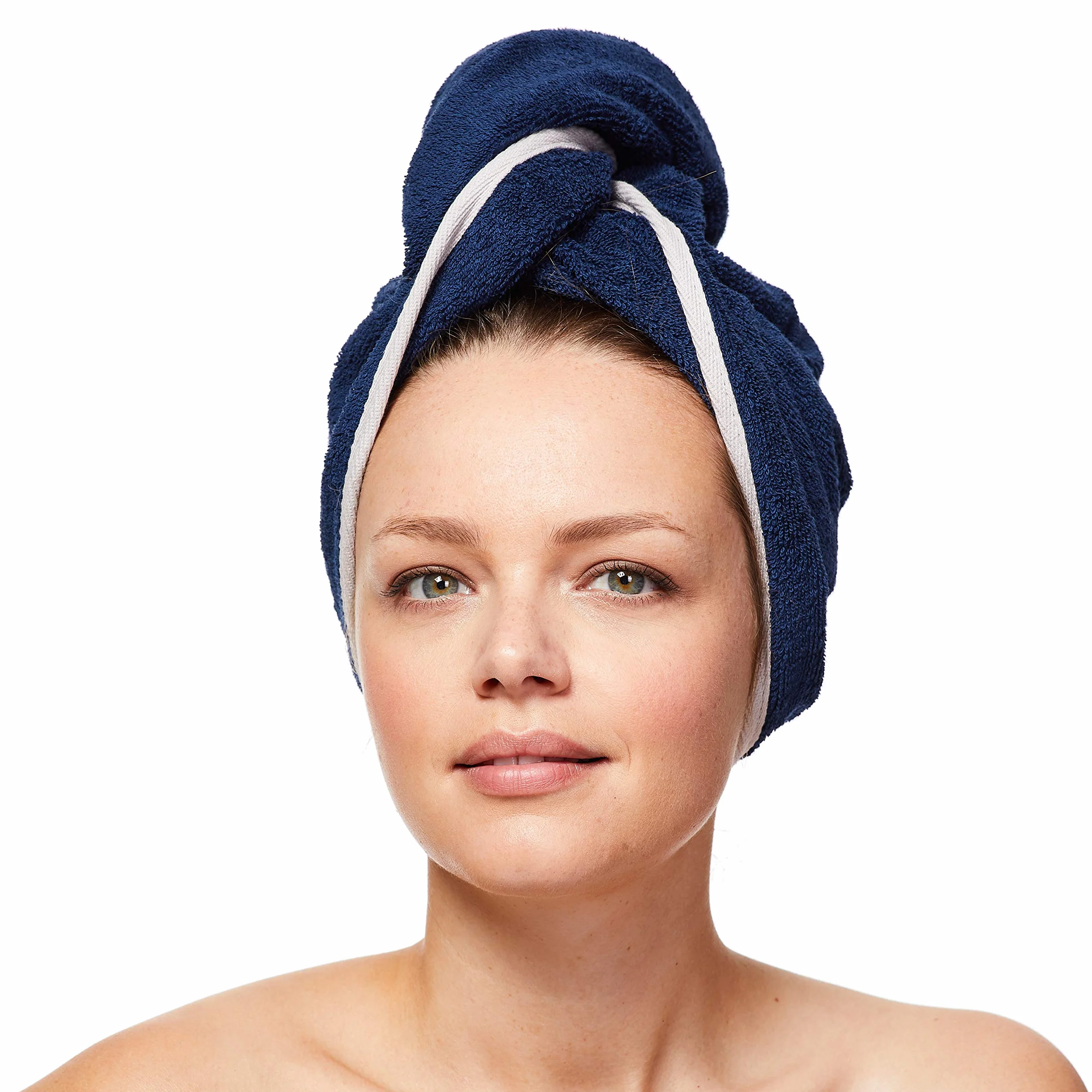 Sowel® Turban do włosów ze 100% bawełny organicznej, ręcznik turban z guzikiem, dla kobiet i mężczyzn, granatowy/szary