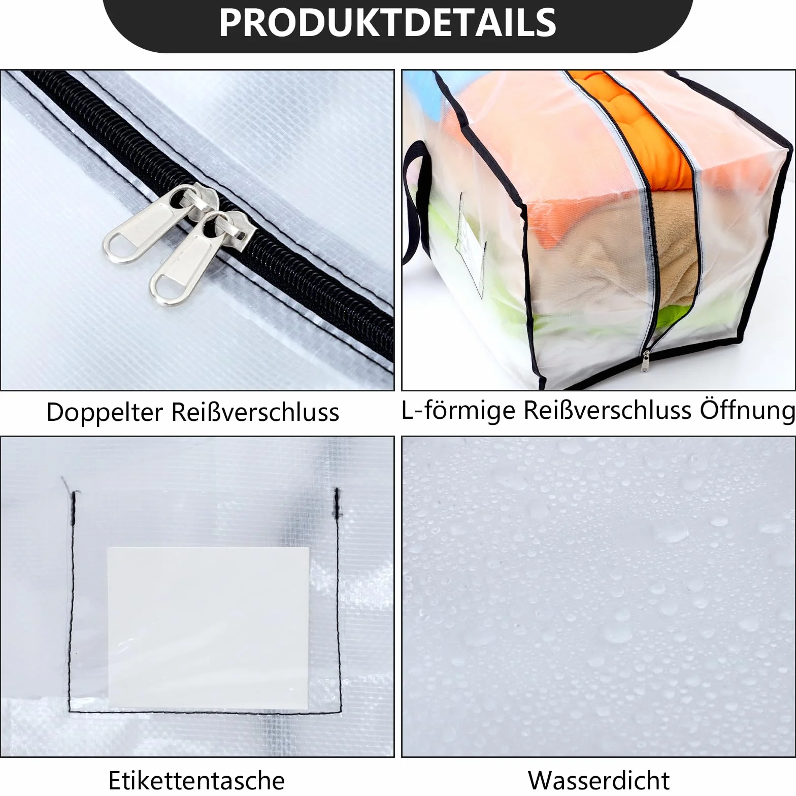 Dntorx 2 sztuki toreb do przechowywania, 120 l, przezroczyste kartony do przeprowadzki, duże pudełka do przeprowadzki, z zamkiem błyskawicznym, uchwyt, składane pudełko do przechowywania, na kemping