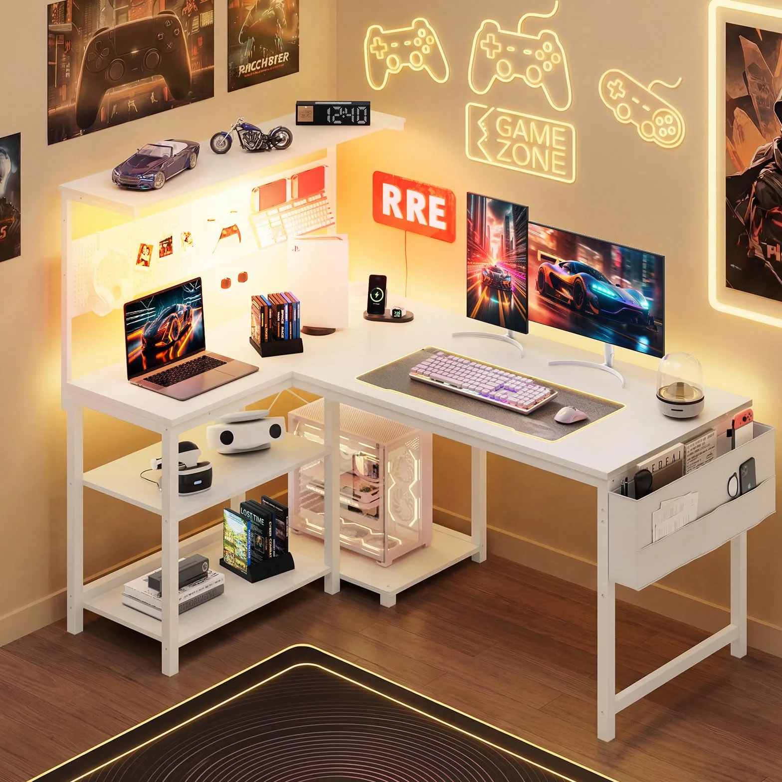 YOUDENOVA Biurko gamingowe w kształcie litery L z diodami LED, gniazdkiem i wejściem USB, dwustronne biurko narożne z regałem i ścianką perforowaną, 120 x 80 cm, biurko komputerowe z miejscem do
