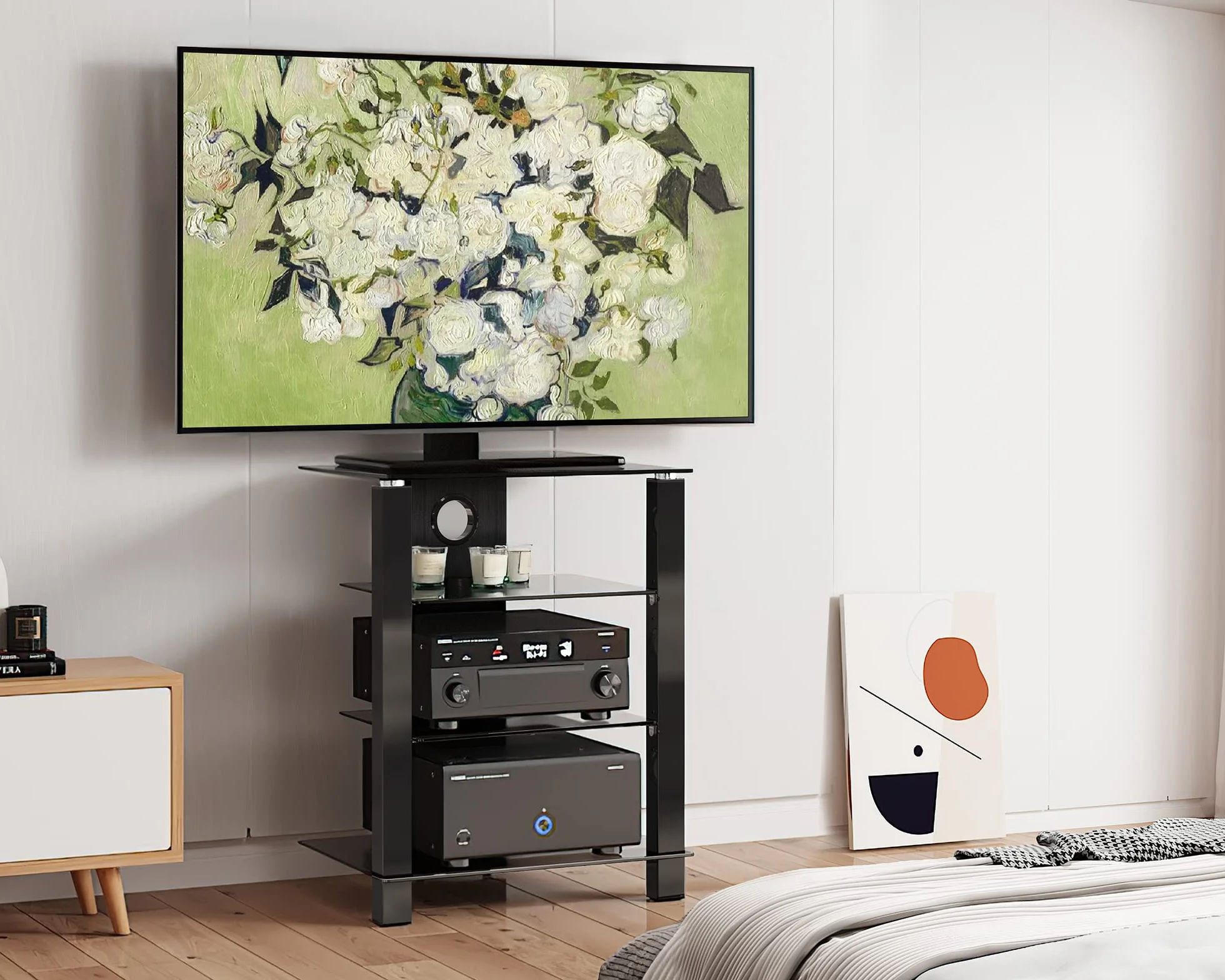 FITUEYES Szklany stojak HIFI, stojak TV, HIFI Rack szafka 4 poziomy z zarządzania kablami, czarny