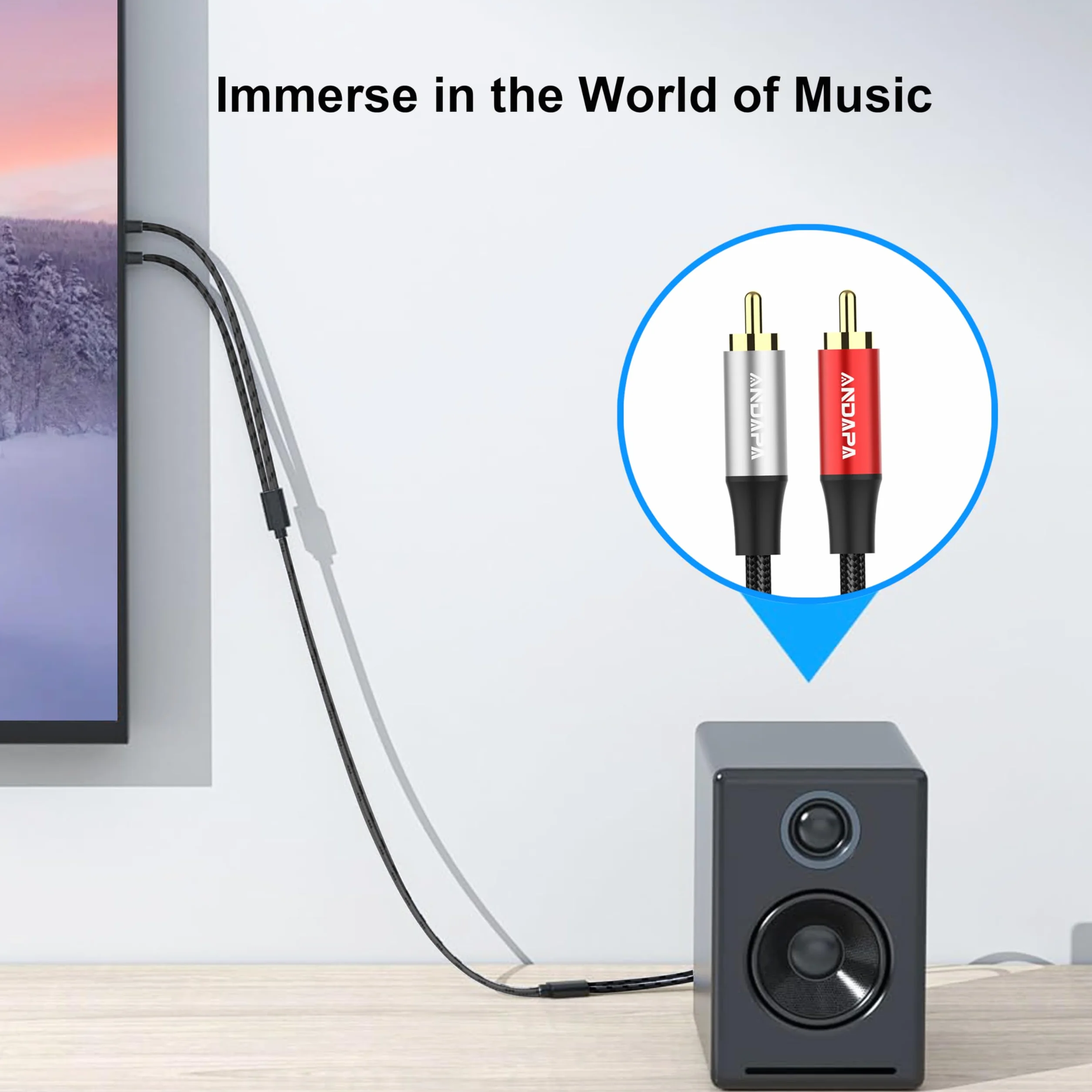 ANDAPA 1,5 m Kabel audio stereo 2x RCA - 2x RCA z oplotem nylonowym, do wzmacniacza, zestawu Hi-Fi, kolumny