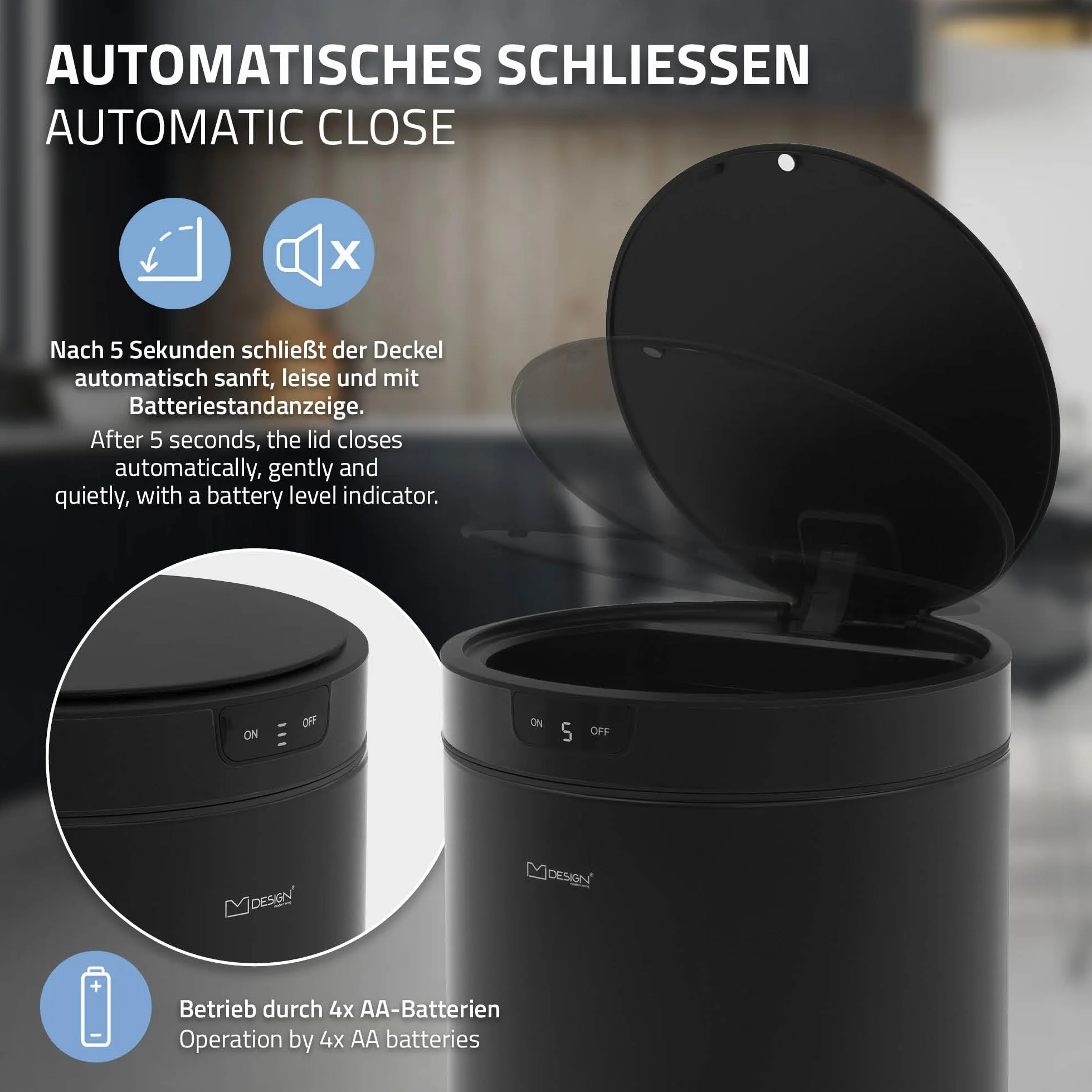 Automatyczny kosz na śmieci 30L z czujnikiem ruchu ML-Design stal czarny bezdotykowy do kuchni