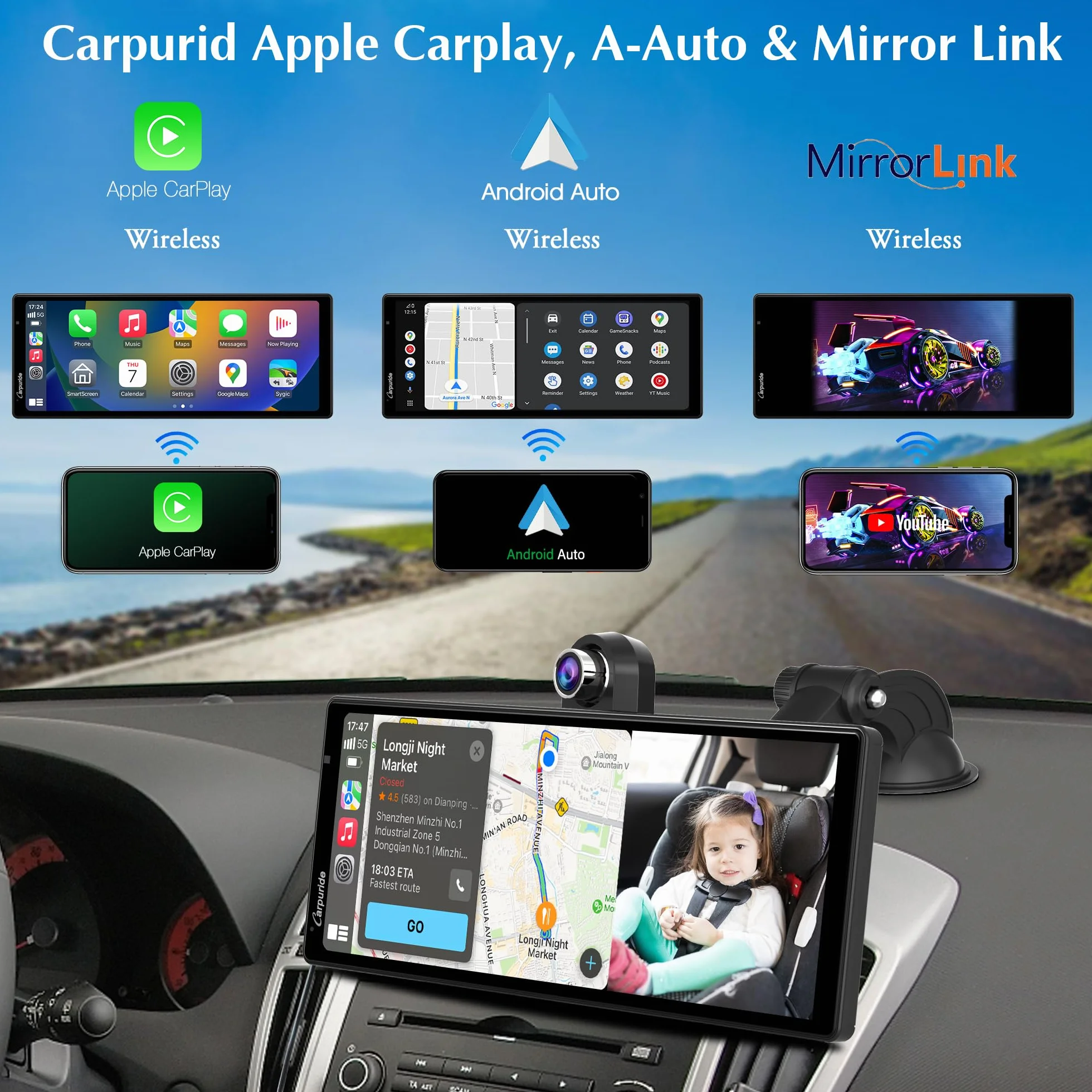 2025 CARPURIDE W903 Przenośna konsola multimedialna CarPlay i Android Auto Smart Auto 4K, nagrywanie w pętli, audio Bluetooth, lustra łączne, GPS, Siri