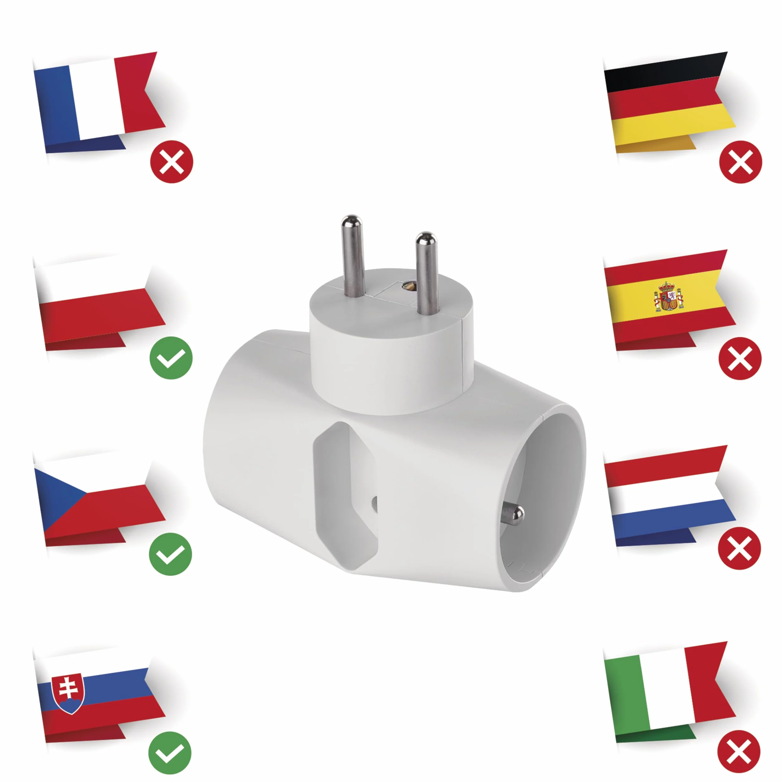 Rozgałęźnik 3x EMOS: 2x wtyczka typu E (Polska) + 1x wtyczka typu Euro, potrójne gniazdo wielofunkcyjne, białe, 16 A / 3680 W
