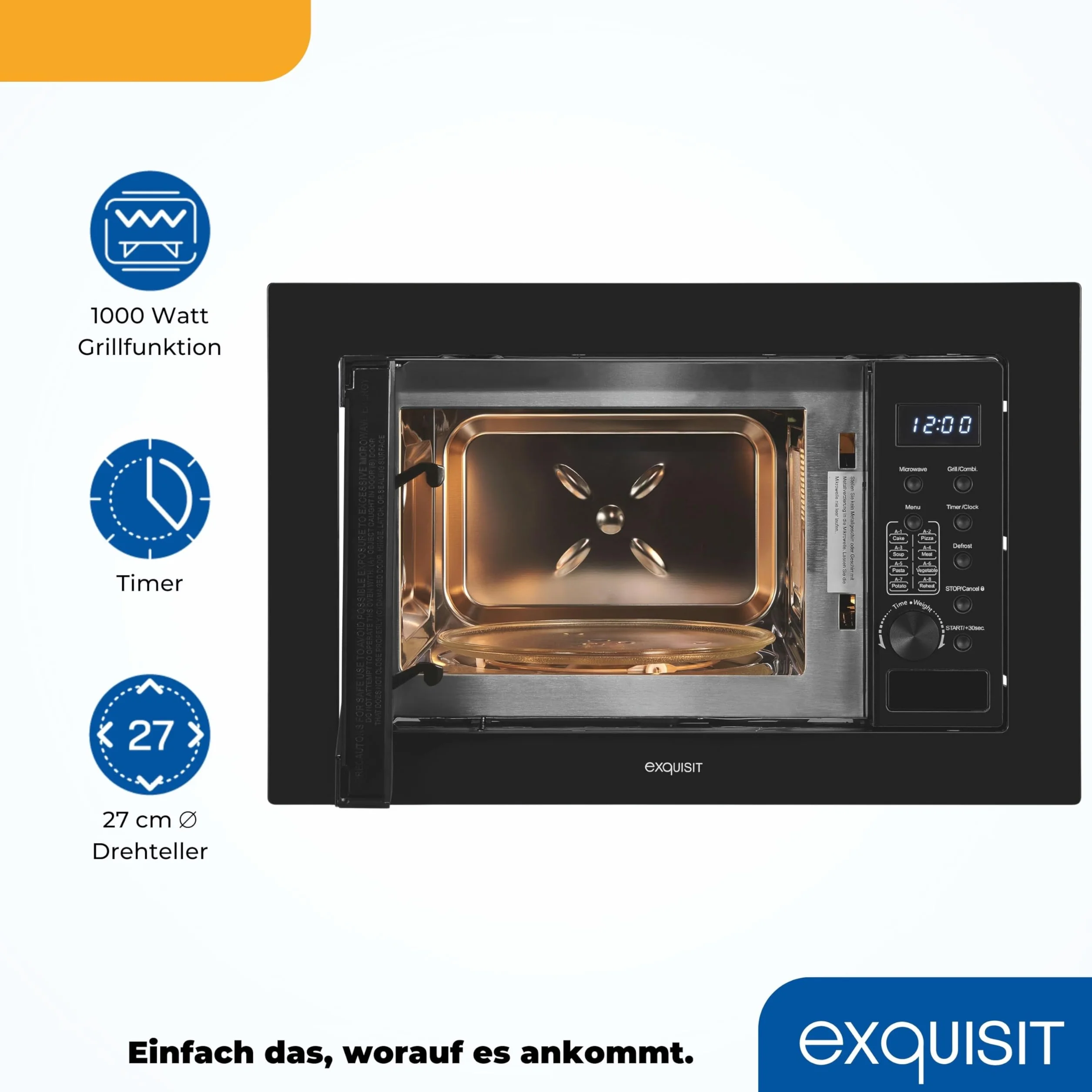 Exquisit Kuchenka mikrofalowa do zabudowy 20 l 800 W z grillem 1000 W czarna stal nierdzewna 8 programów